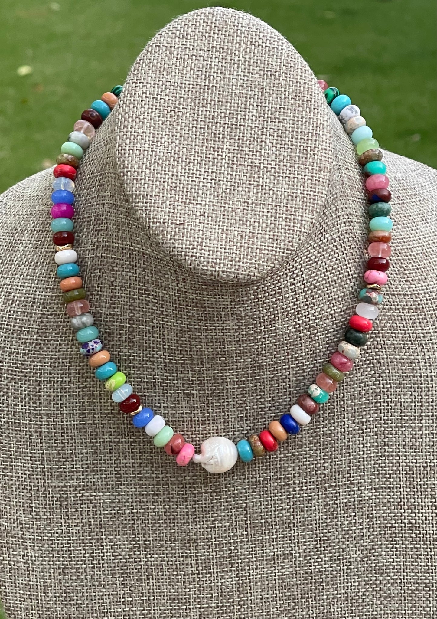 Joie Necklace: Colorful Mix of Natural Gemstones Gold Accent Beads and a Freshwater Baroque Pearl 2 Bead Size Options 6mm or 8mm