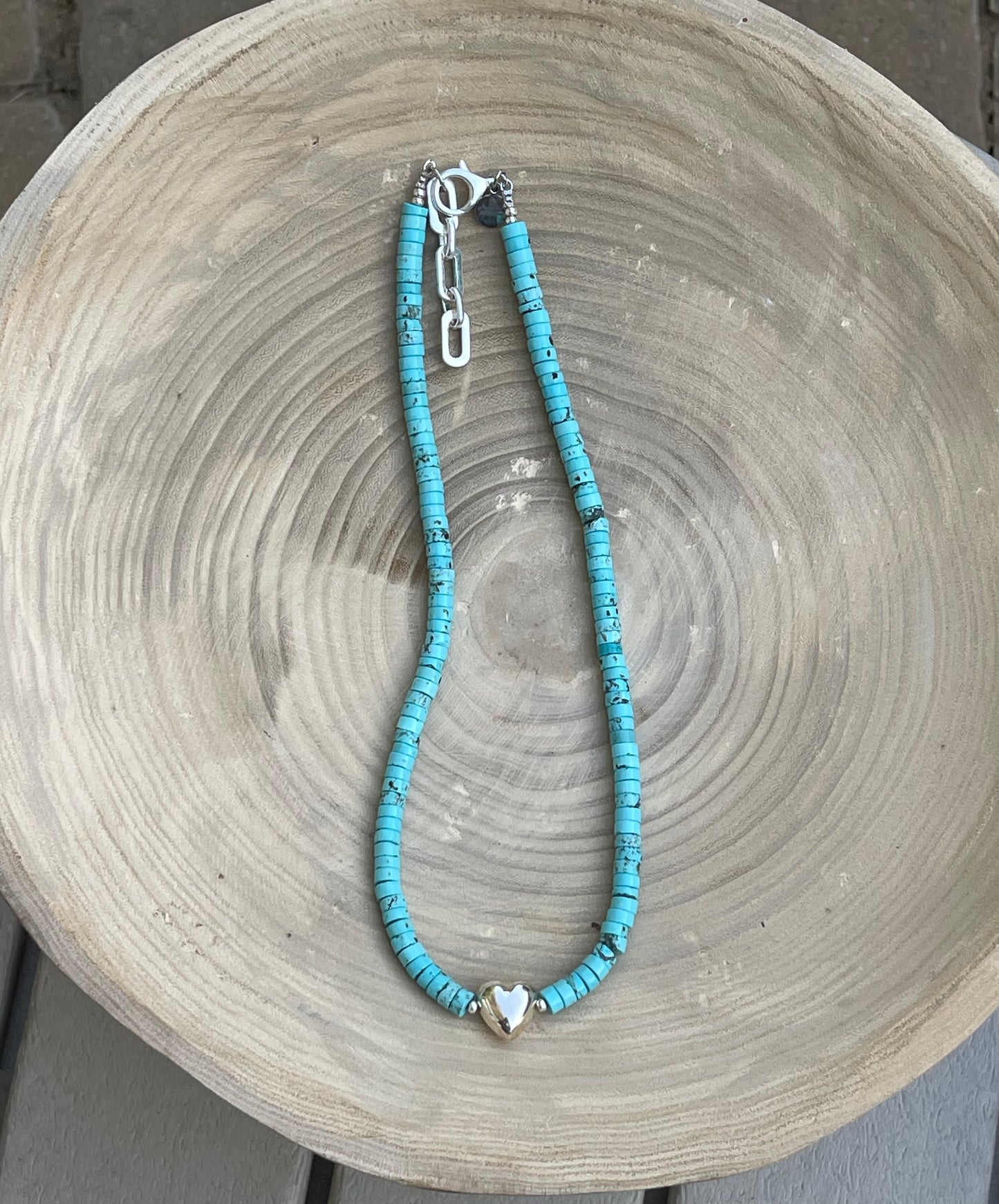 The Wynona Necklace: Stabilized Kingman Turquoise Heishi beads Sterling Silver center heart OOAK