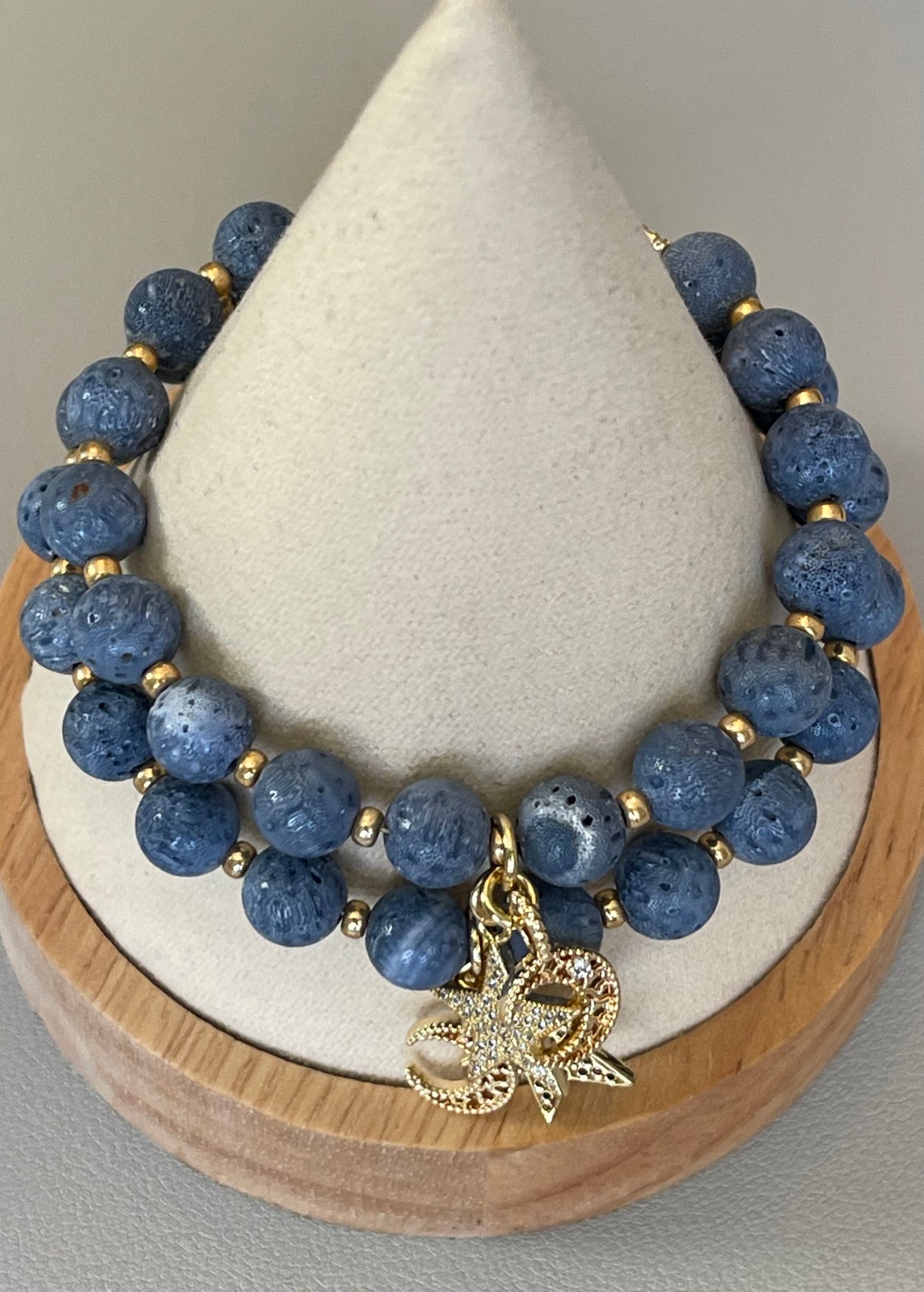 The Celestial Bracelet: Indonesian Coral beads perfect for essential oil diffusing, Gold charms with CZ accents