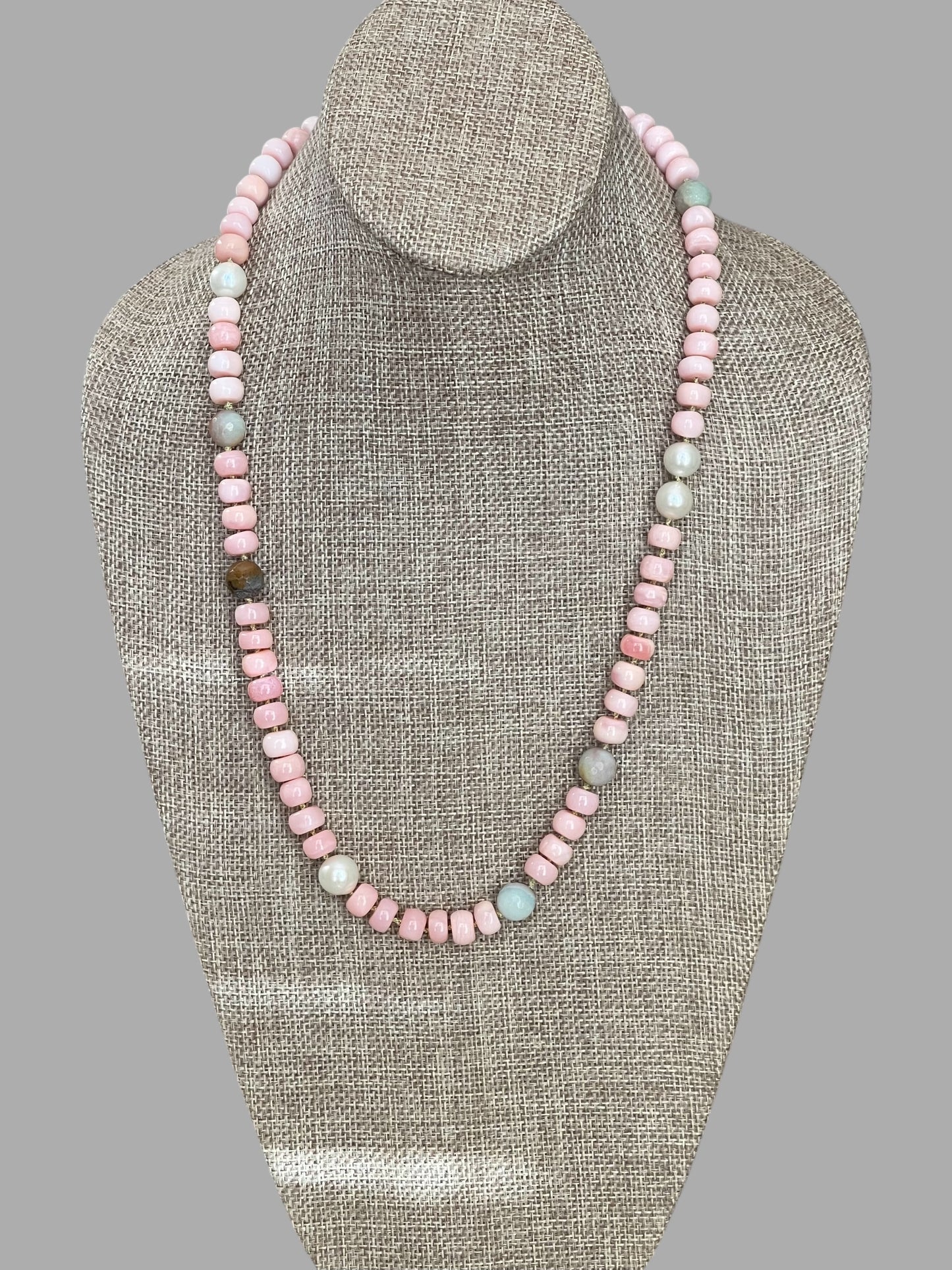 The Audrey Necklace: Natural pink opals hand knotted on pale green silk w Pearls and Amazonite