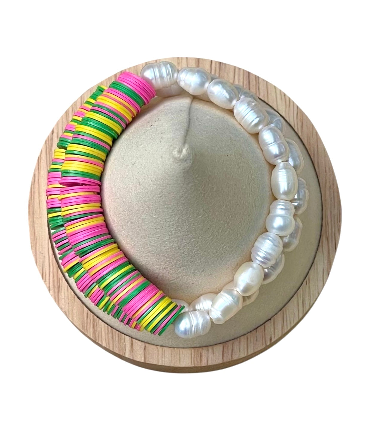 Double Take Bracelet: Freshwater Pearls Meet Fun Bright Phono Vinyl Beads Stretch Bracelet