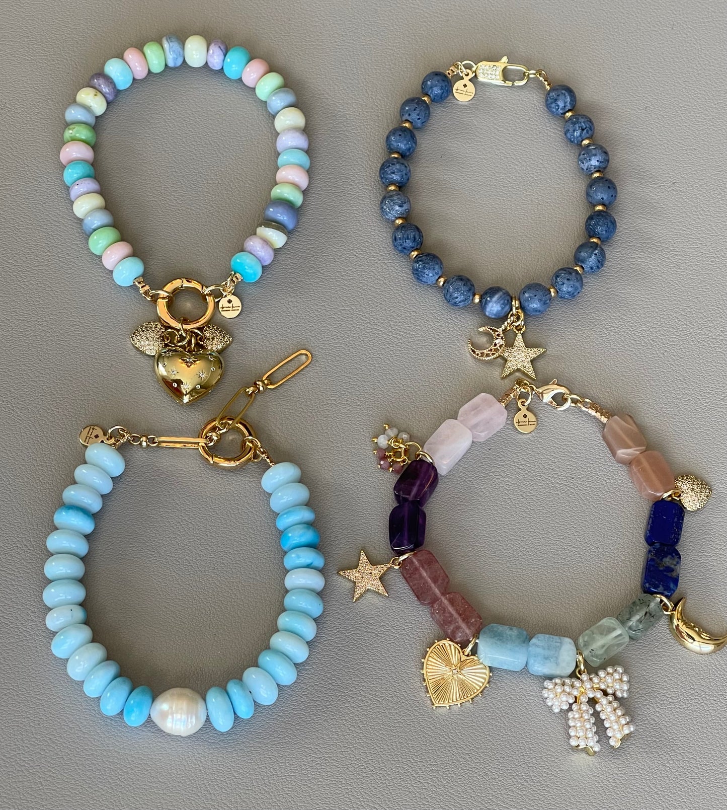 Candy Opal Hearts Bracelet: Candy colored Opals with gold CZ accent charms and gold clasp OOAK