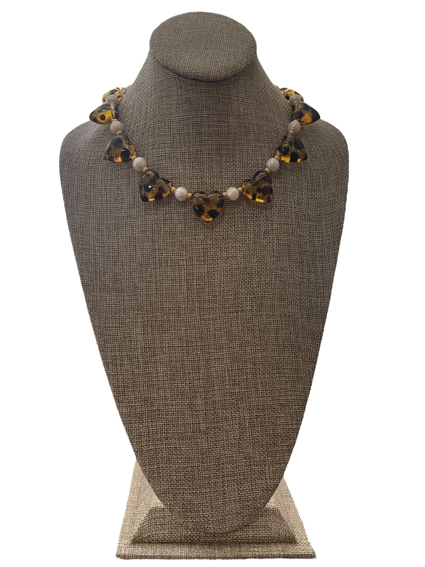 Leopard Love Necklace: Acrylic Leopard Print hearts with gold glass accent beads and Freshwater Pearls Gold Pavé toggle clasp