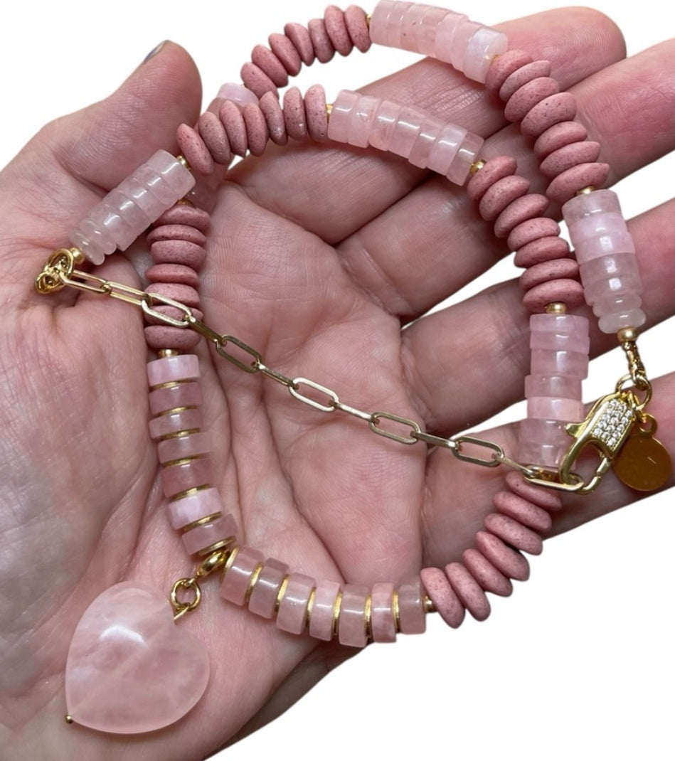 Blush Pink Rose Ashanti Necklace: African Ashanti glass saucer beads mixed with Rose Quartz beads and Rose Quartz heart pendant Brass/old accents OOAK