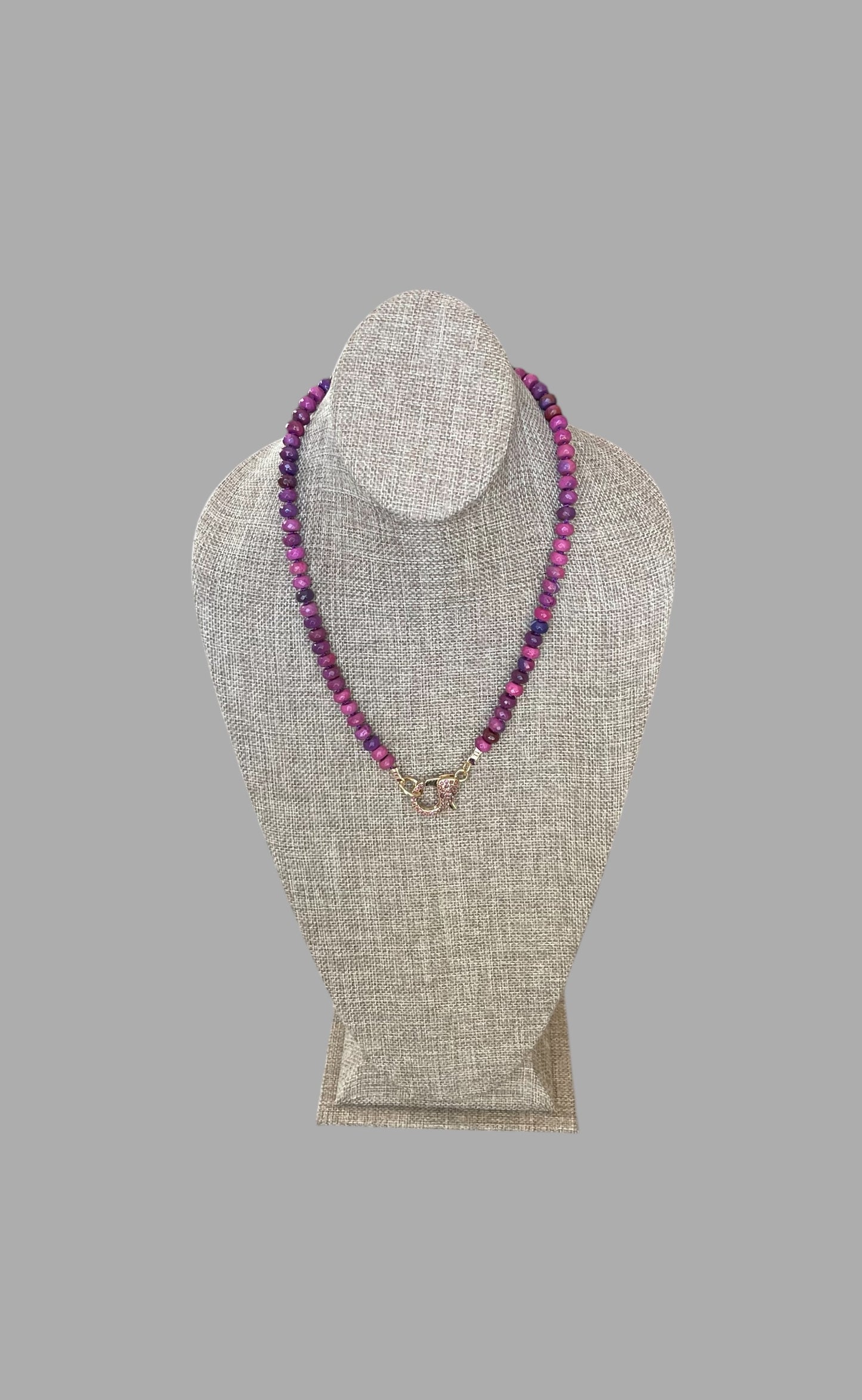 Cascadia Bloom Necklace: 2 Options- Dyed Agate faceted beads Hand knotted on silk, one w/ hot pink silk and hot pink pavé clasp and the other on purple silk w/ purple pavé clasp