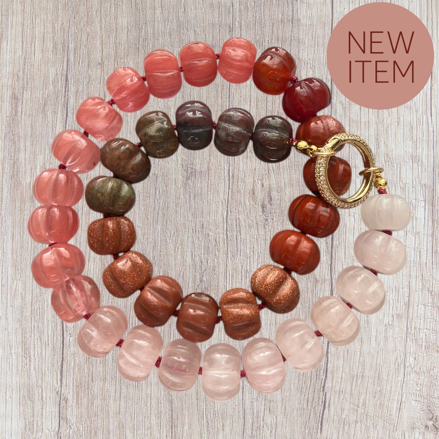 Ombré Roses Necklace OOAK: A stunning mix of hand-carved Gemstones, hand-knotted on pink silk