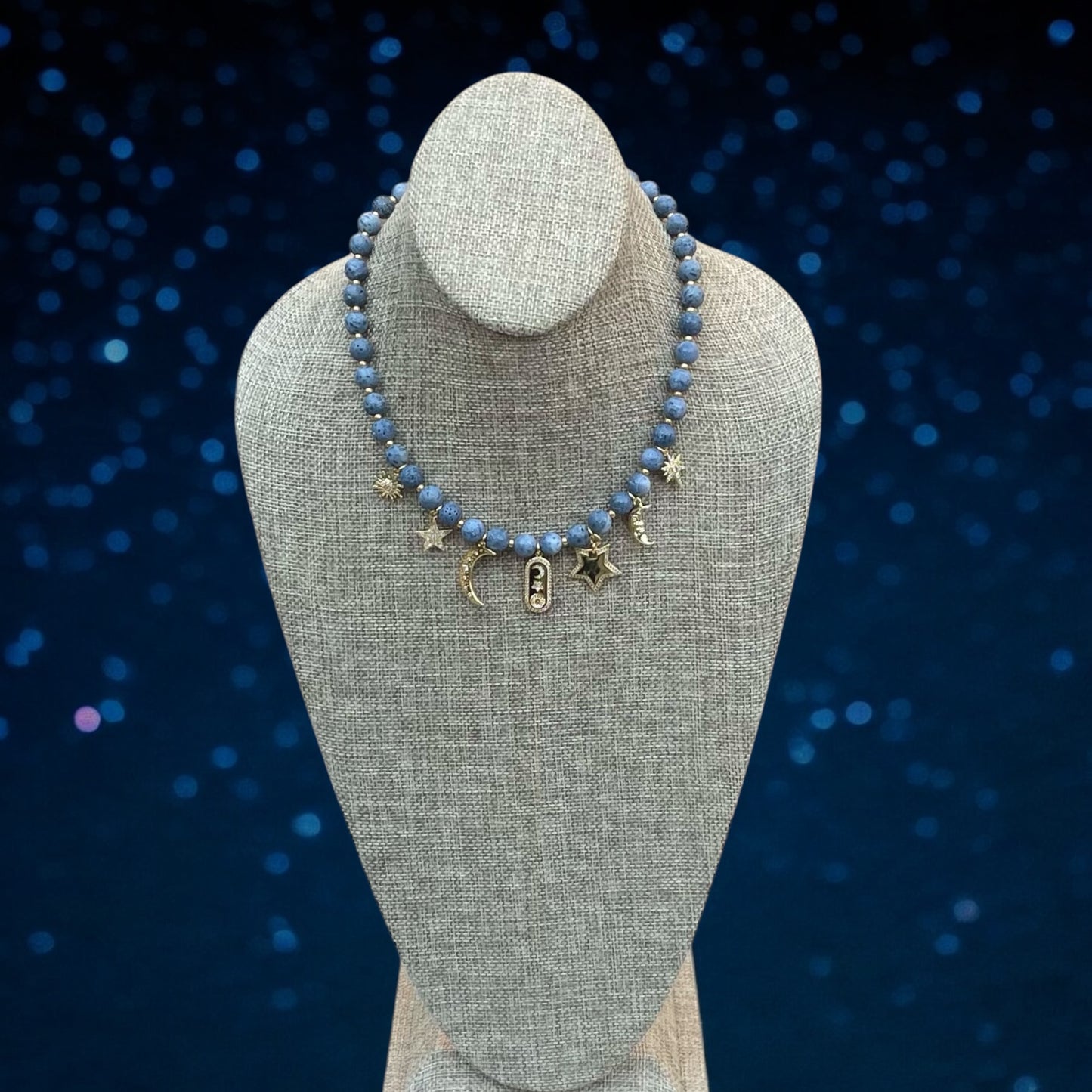 The Celestial Necklace: Indonesian Coral beads perfect for essential oil diffusing, Gold charms with CZ accents