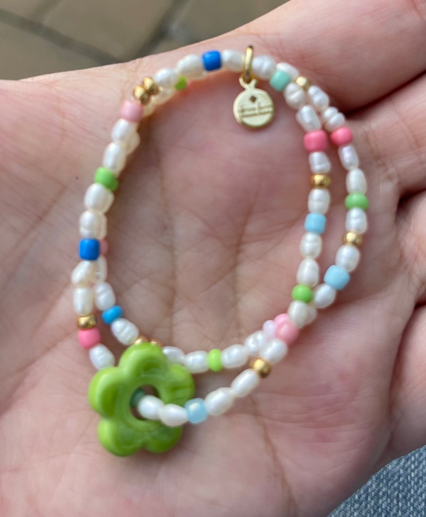 Candy Petals Bracelet Duo: Freshwater Pearls with candy colored accents 2 Stretch Bracelets Choose pink green or blue flower