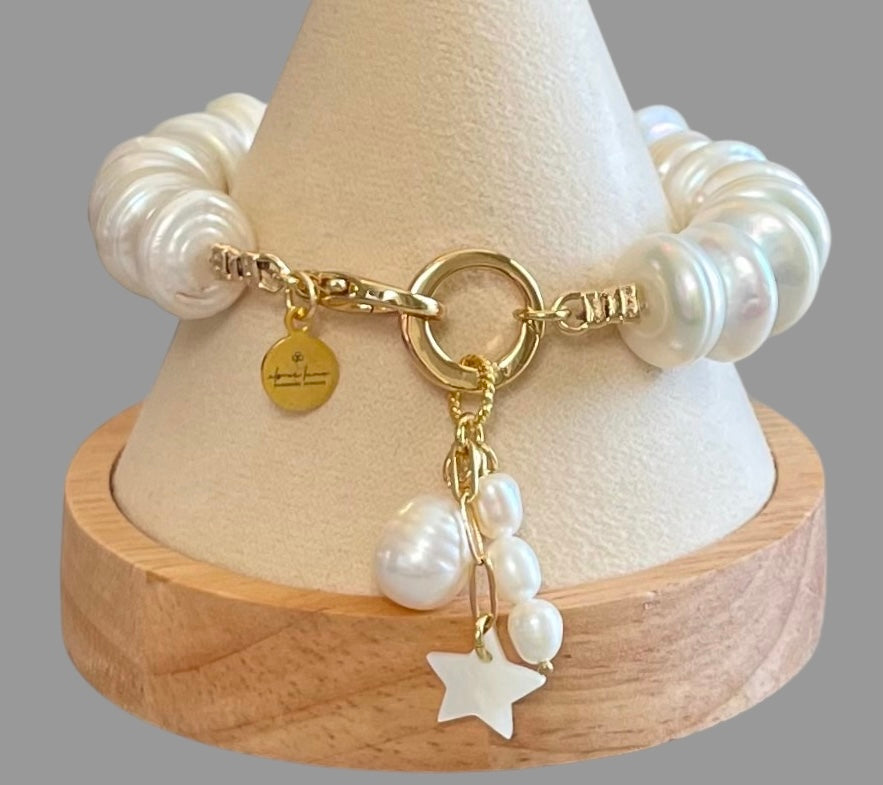 The Haven Bracelet: Coin shaped Pearls Hand-knotted on silk, Gold filled clasp/charm holder