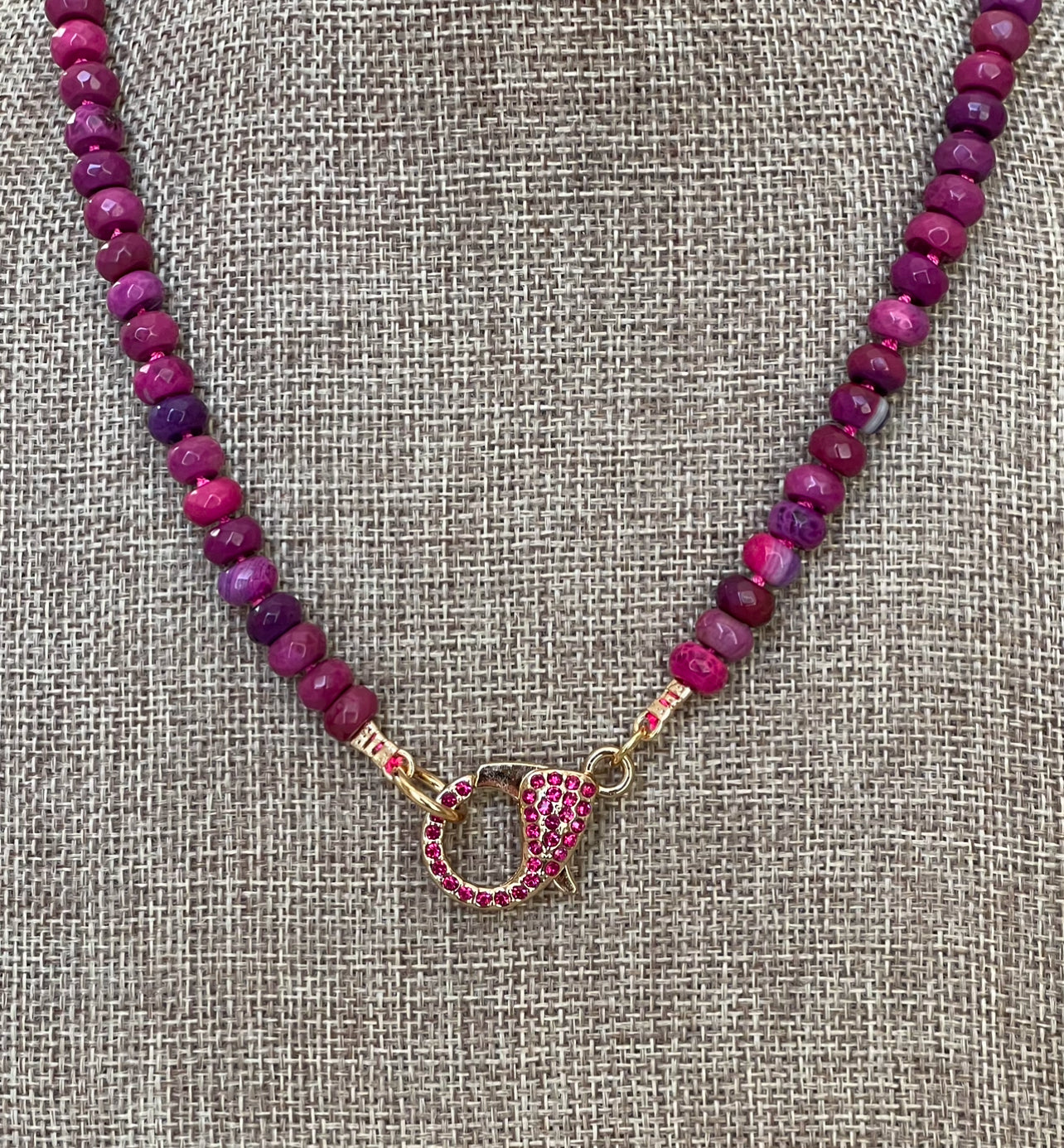 Cascadia Bloom Necklace: 2 Options- Dyed Agate faceted beads Hand knotted on silk, one w/ hot pink silk and hot pink pavé clasp and the other on purple silk w/ purple pavé clasp