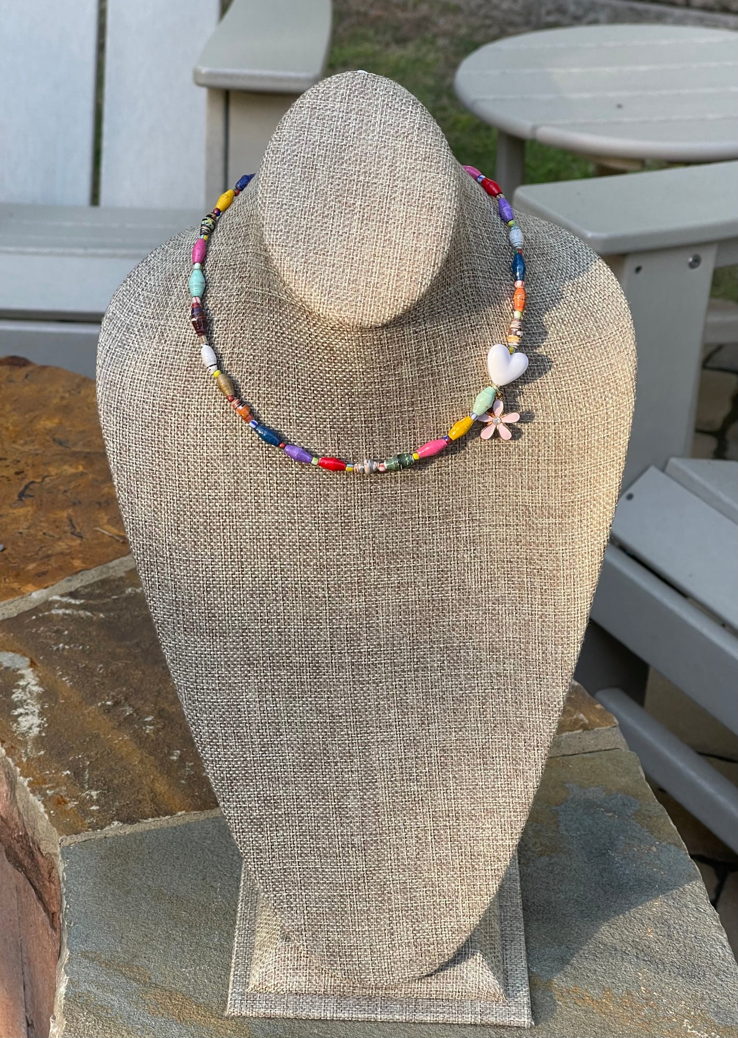 Kindred Colors Necklace: Unique beads handmade in Uganda from recycled paper, glass & acrylic accent beads and a brass flower charm
