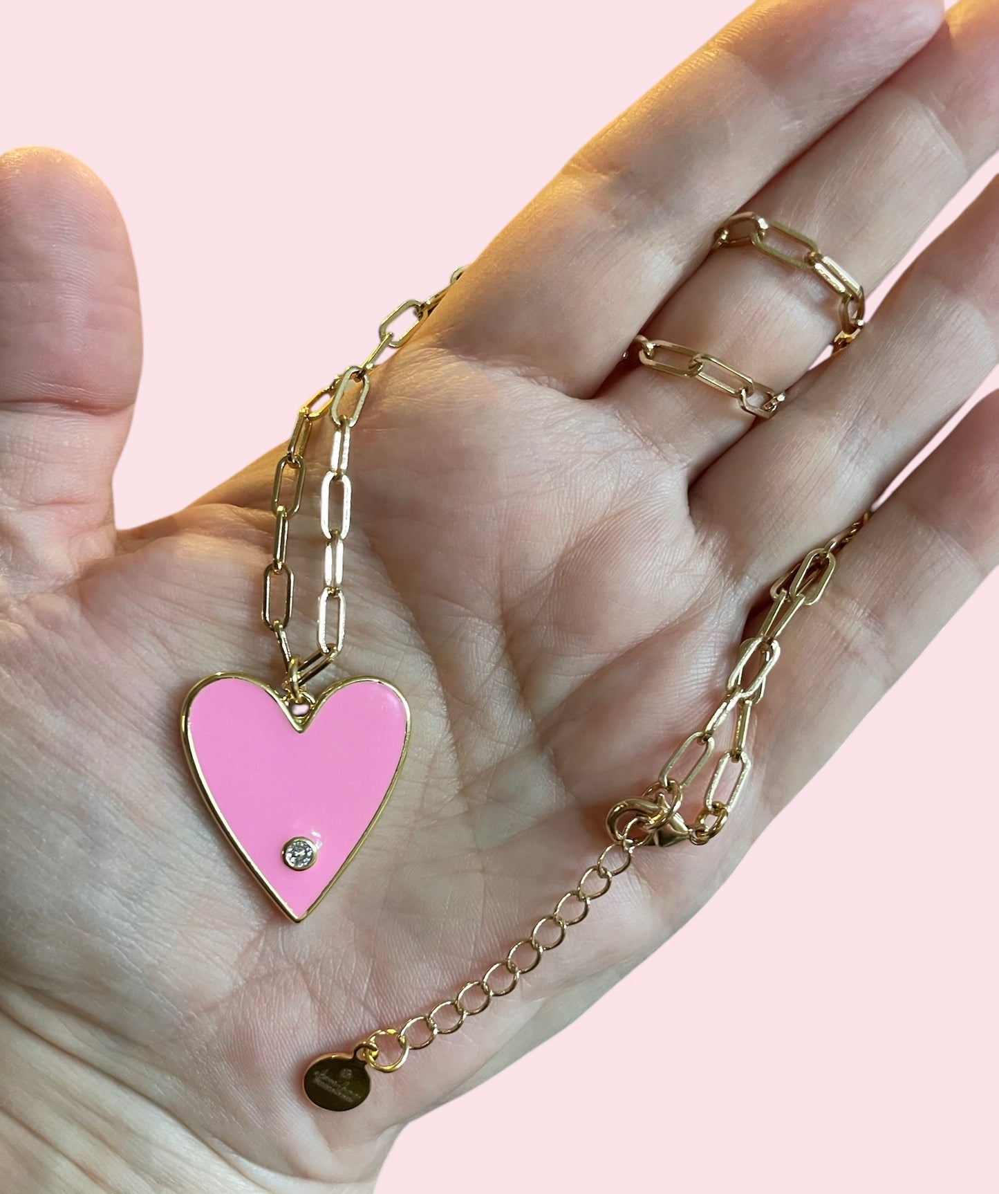 Pretty Paperclip Necklace: Gold Paperclip chain with gorgeous enameled heart pendant OOAK