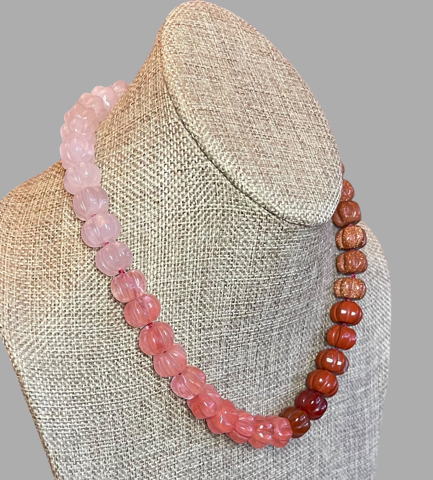 Ombré Roses Necklace OOAK: A stunning mix of hand-carved Gemstones, hand-knotted on pink silk