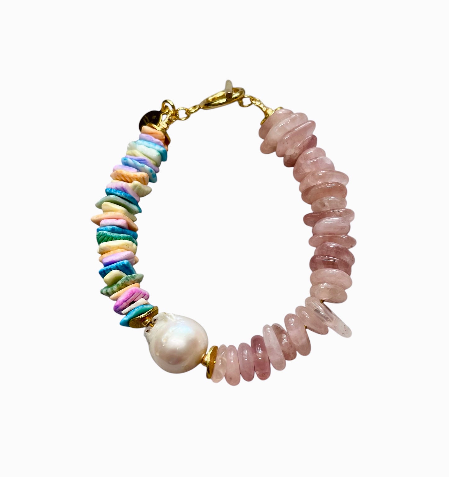 Chic Island Bracelets: Pastel dyed Puka shell, Flawless Baroque Pearl, Aquamarine OR Rose Quartz, Gold accents