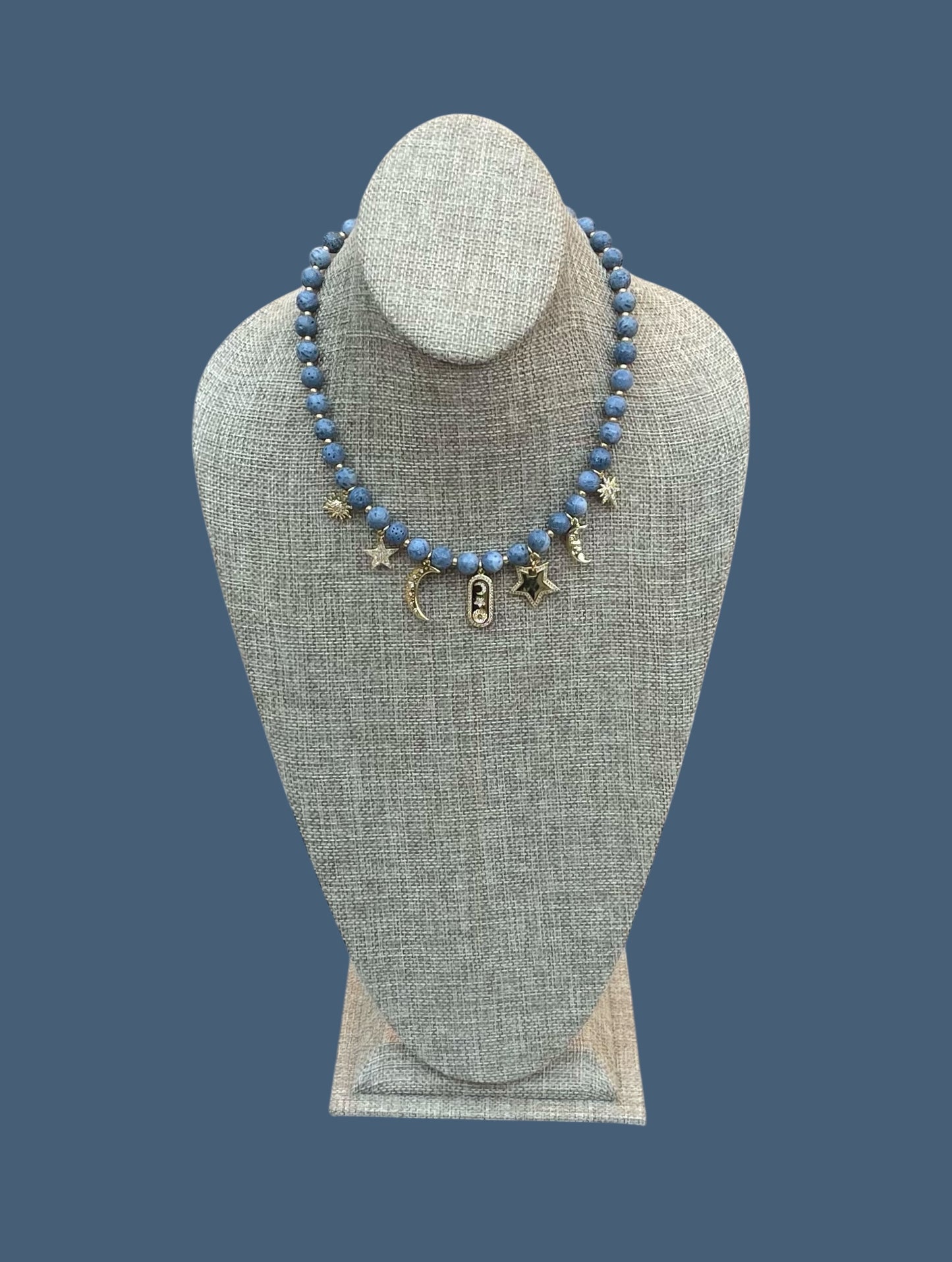 The Celestial Necklace: Indonesian Coral beads perfect for essential oil diffusing, Gold charms with CZ accents