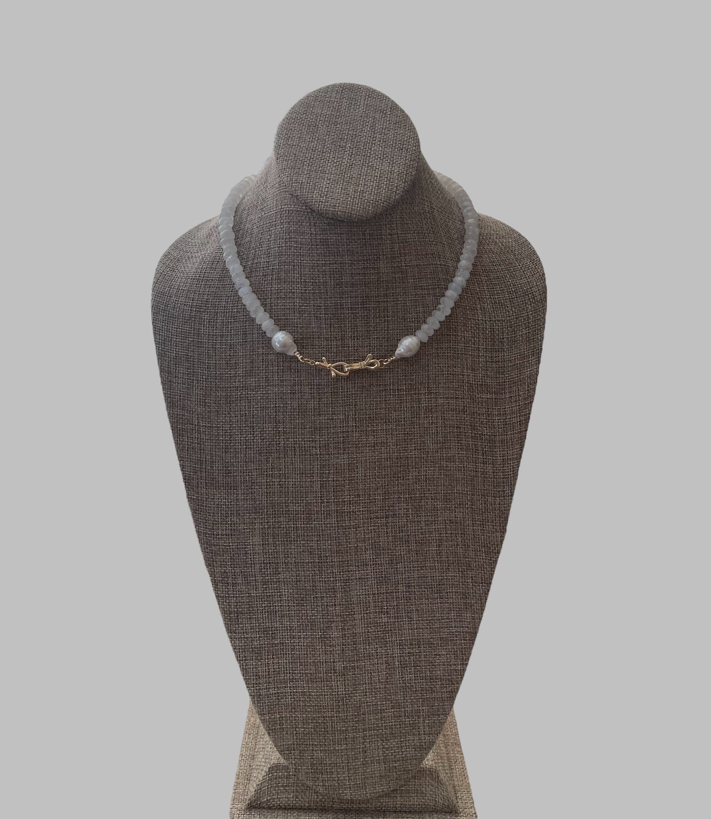 Bijou de Lune Necklace: High quality Moonstone beads, Baroque Pearls and a double bow gold clasp Wear 3 different ways OOAK