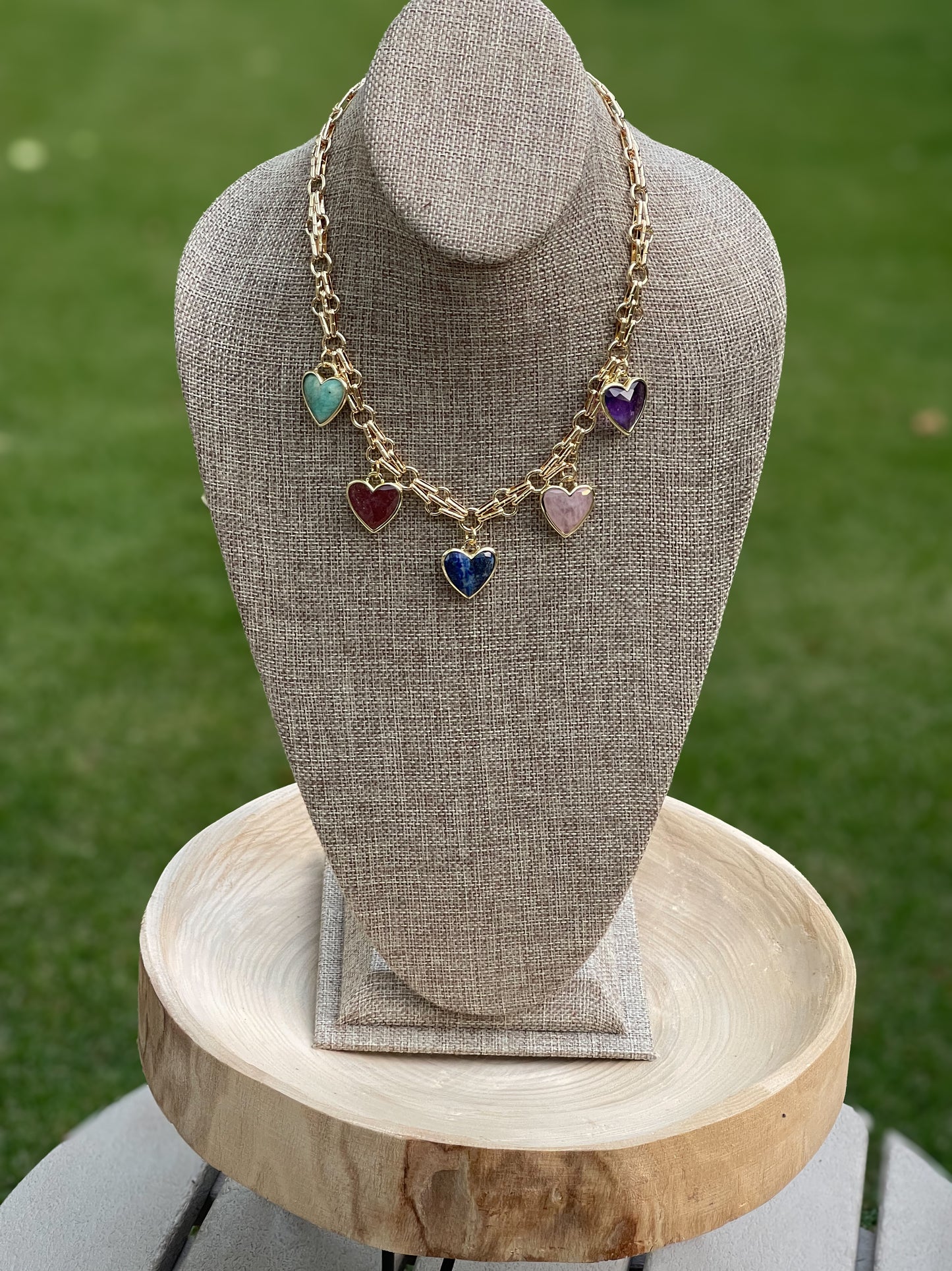 Queen of Hearts Necklace: Faceted Gemstone Hearts on a unique Anti-tarnish Chain