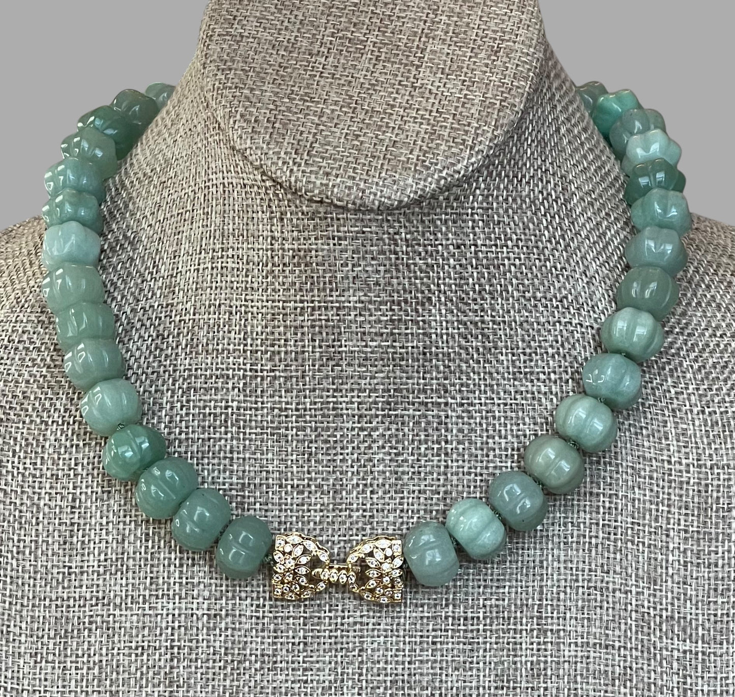 Sage Serenade Necklace OOAK: Sage green hand carved gemstones Hand-knotted on silk