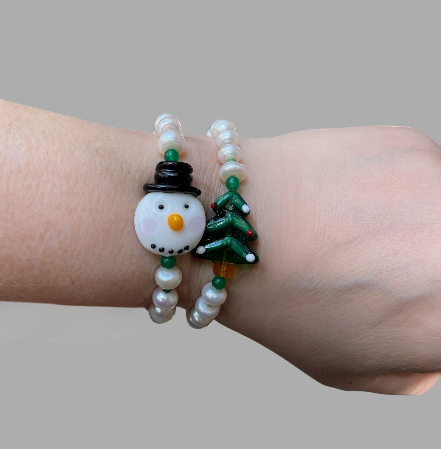Holiday Snowball Bracelets: Hand painted glass centerpiece on a Freshwater Pearl stretch bracelet FREE SHIPPING