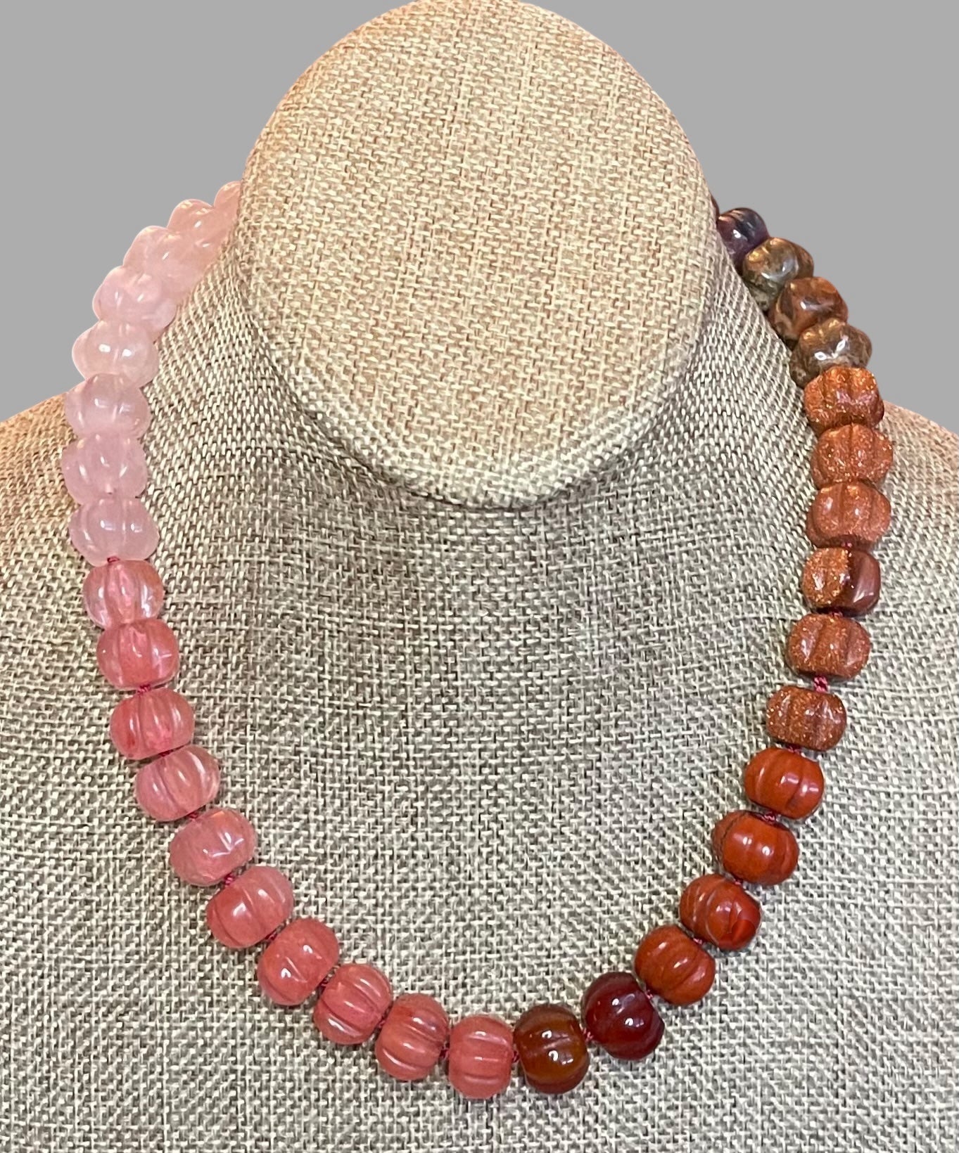 Ombré Roses Necklace OOAK: A stunning mix of hand-carved Gemstones, hand-knotted on pink silk