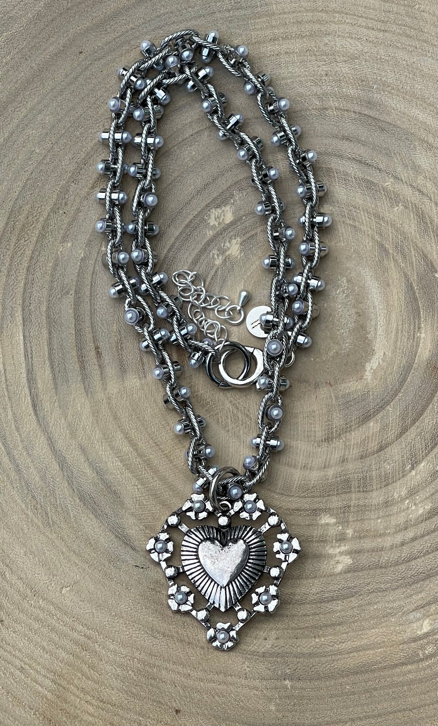 Bold Bijoux in Silver Necklace: Rhodium Silver throughout Pearly chain Statement heart