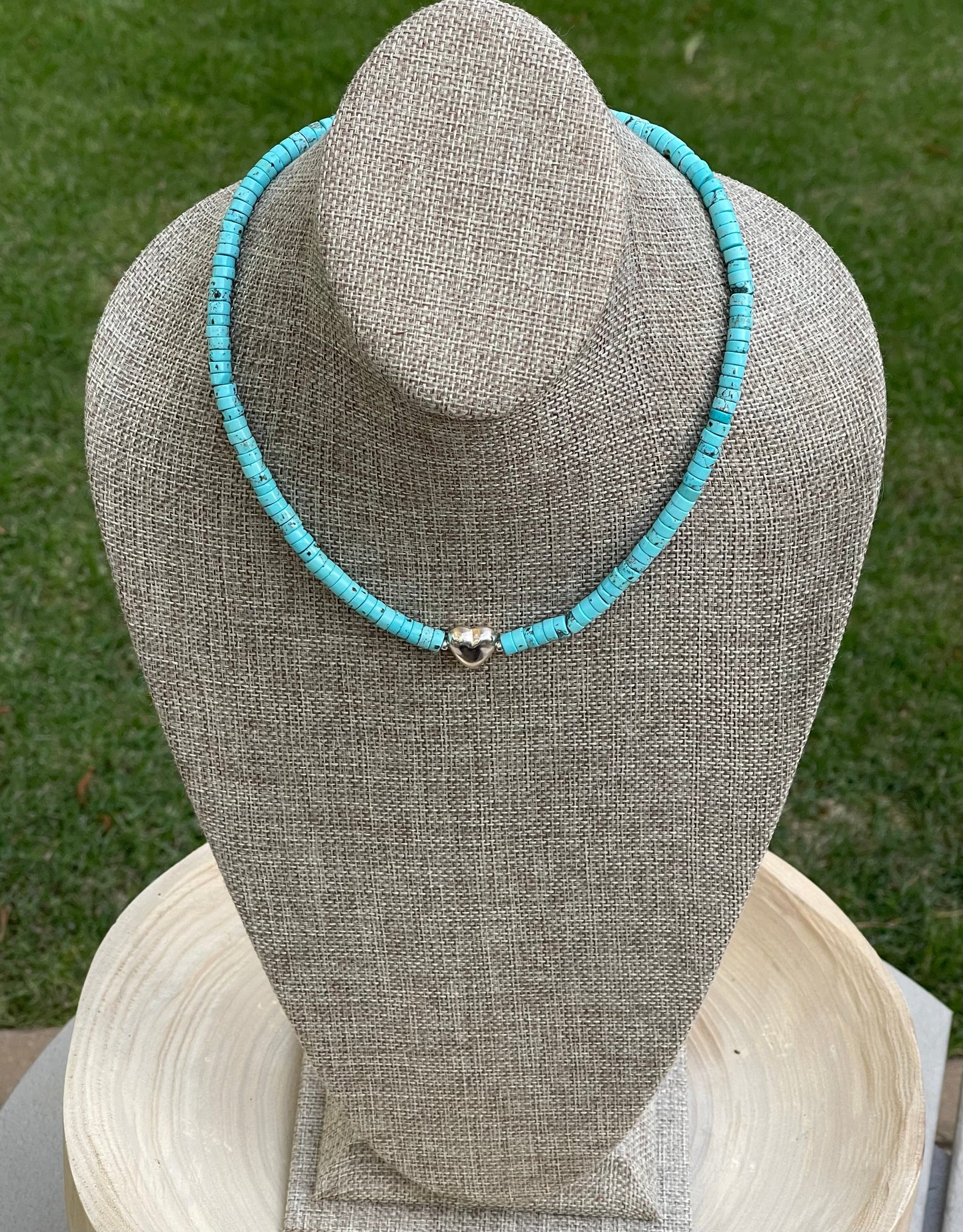 The Wynona Necklace: Stabilized Kingman Turquoise Heishi beads Sterling Silver center heart OOAK