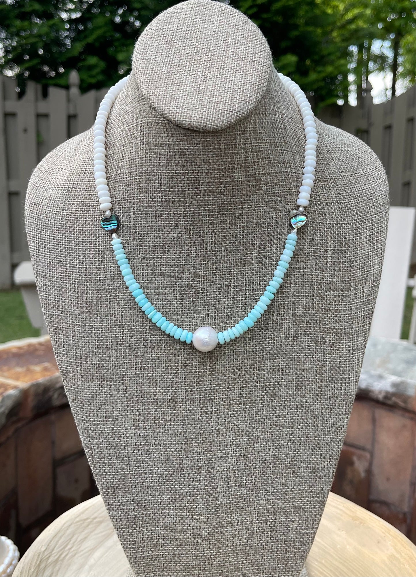 Abalone Hearts Necklace:Peruvian blue &white Opals Abalone shell 🩵 Baroque Pearl OOAK