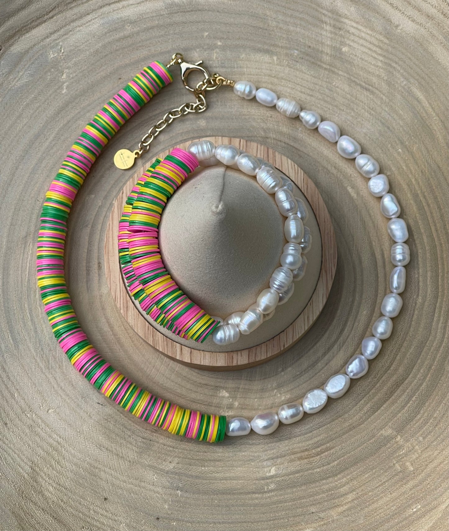 Double Take Necklace: Freshwater Pearls Meet Fun Bright Phono Vinyl Beads Gold Clasp & Extender