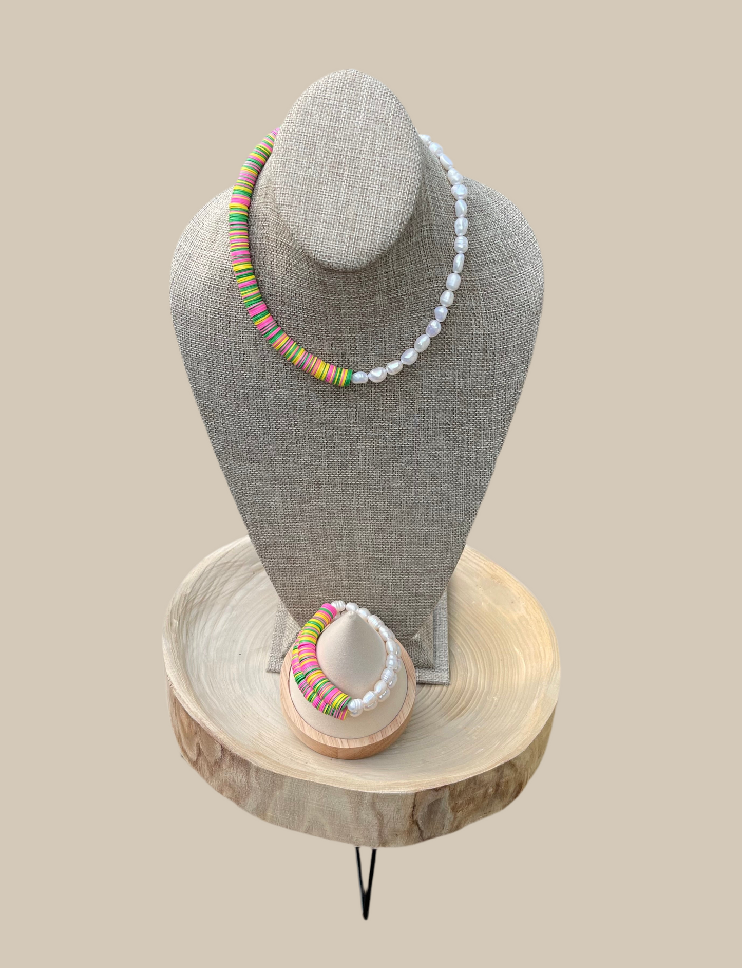 Double Take Necklace: Freshwater Pearls Meet Fun Bright Phono Vinyl Beads Gold Clasp & Extender