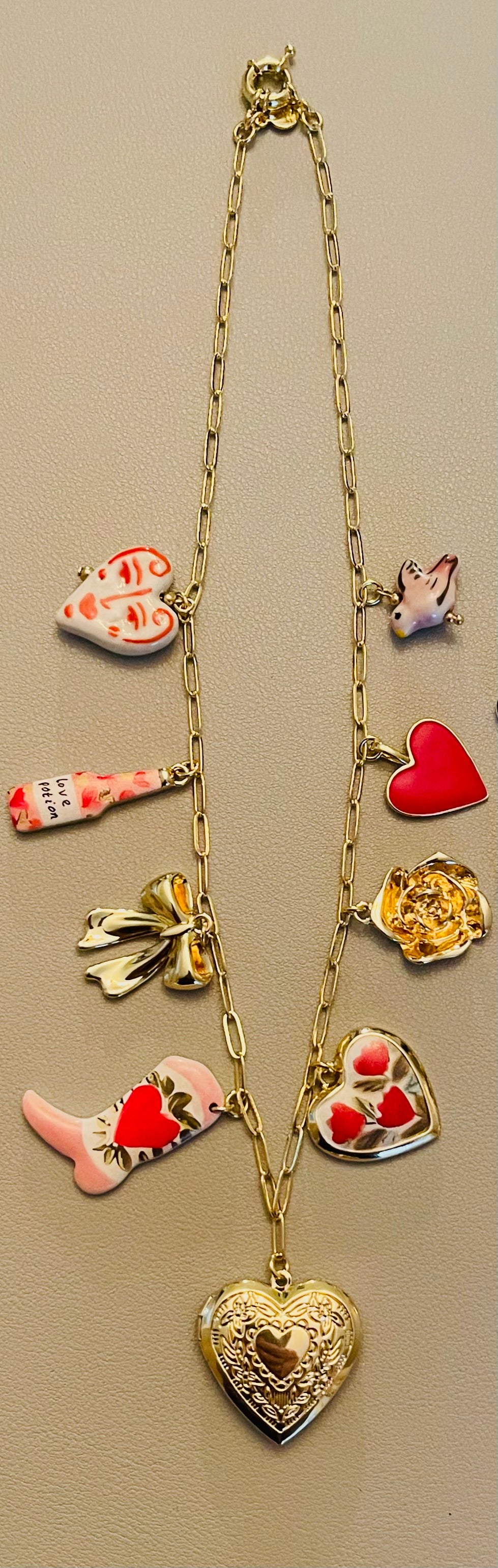 The Ashley Necklace: OOAK Tarnish resistant Paperclip chain with enameled, ceramic and gold plated charms