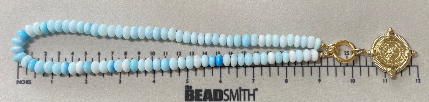 The Skylar Necklace: Sky Blue Opals with a Gold Circle Clasp and French Bee Coin Style Charm OOAK