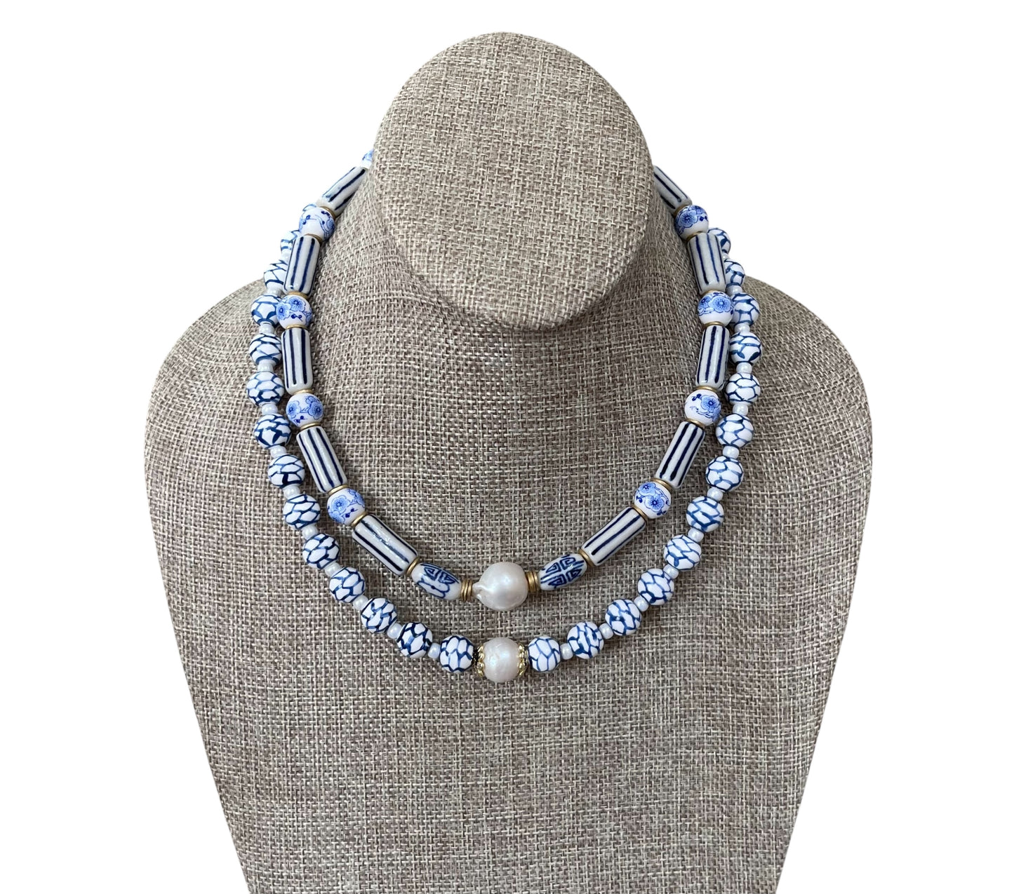 Indigo Lattice Necklace: Blue and white ceramic beads w pearlized glass spacer beads, Baroque Pearl center 14k accents & clasp OOAK