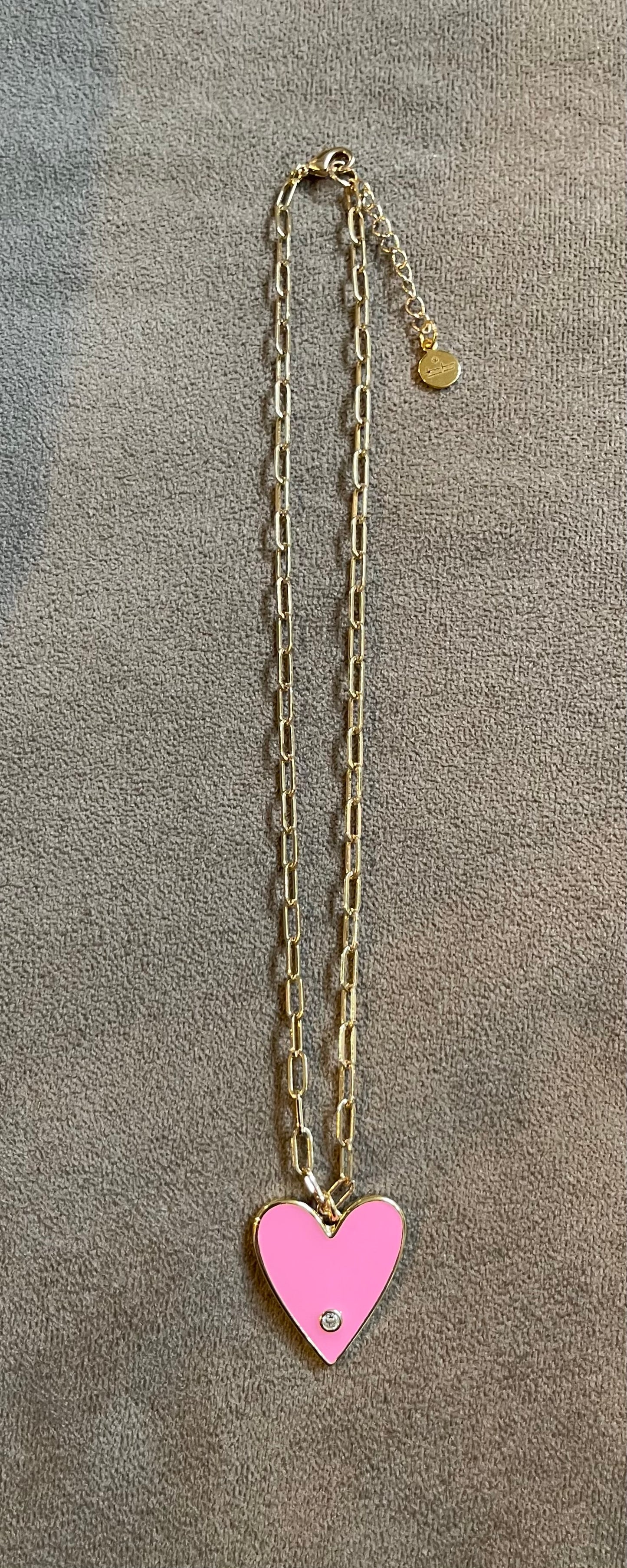 Pretty Paperclip Necklace: Gold Paperclip chain with gorgeous enameled heart pendant OOAK