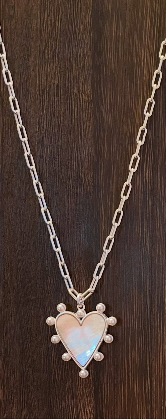 Silver Siren Necklace OOAK: Bright silver Paperclip chain with a stunning Pearl trimmed heart pendant with a mother of pearl center