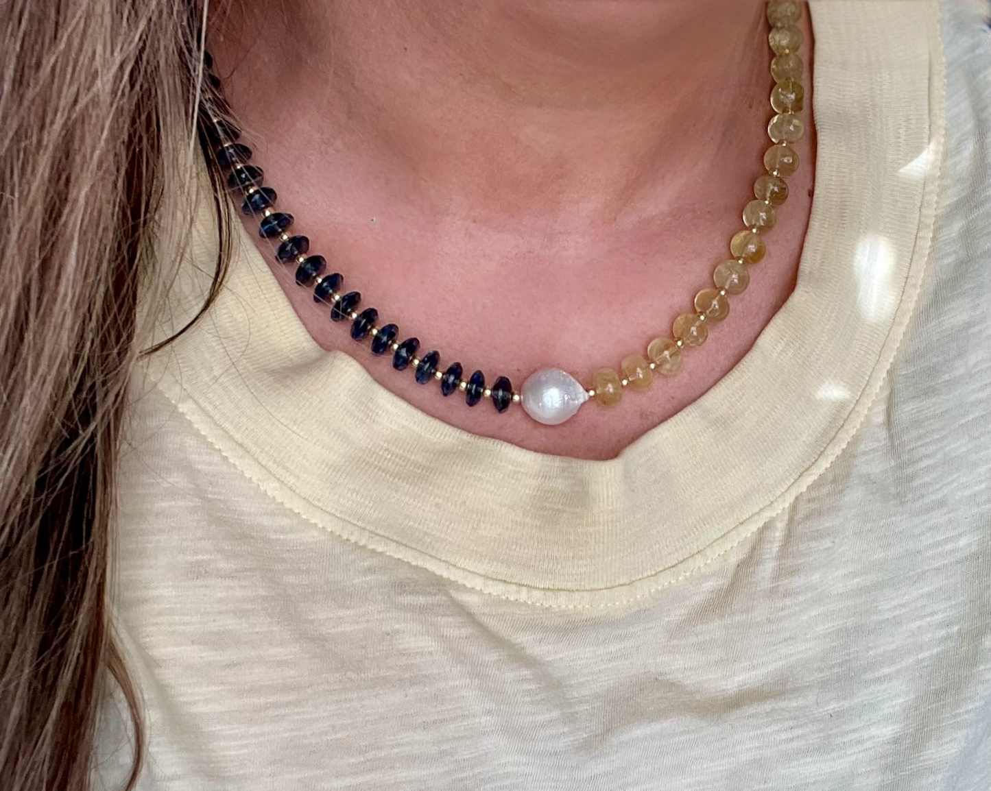 Lemon London Necklace: Lemon Quartz and London Blue Topaz Gemstone Beads Gold Accents Baroque Pearl Center OOAK