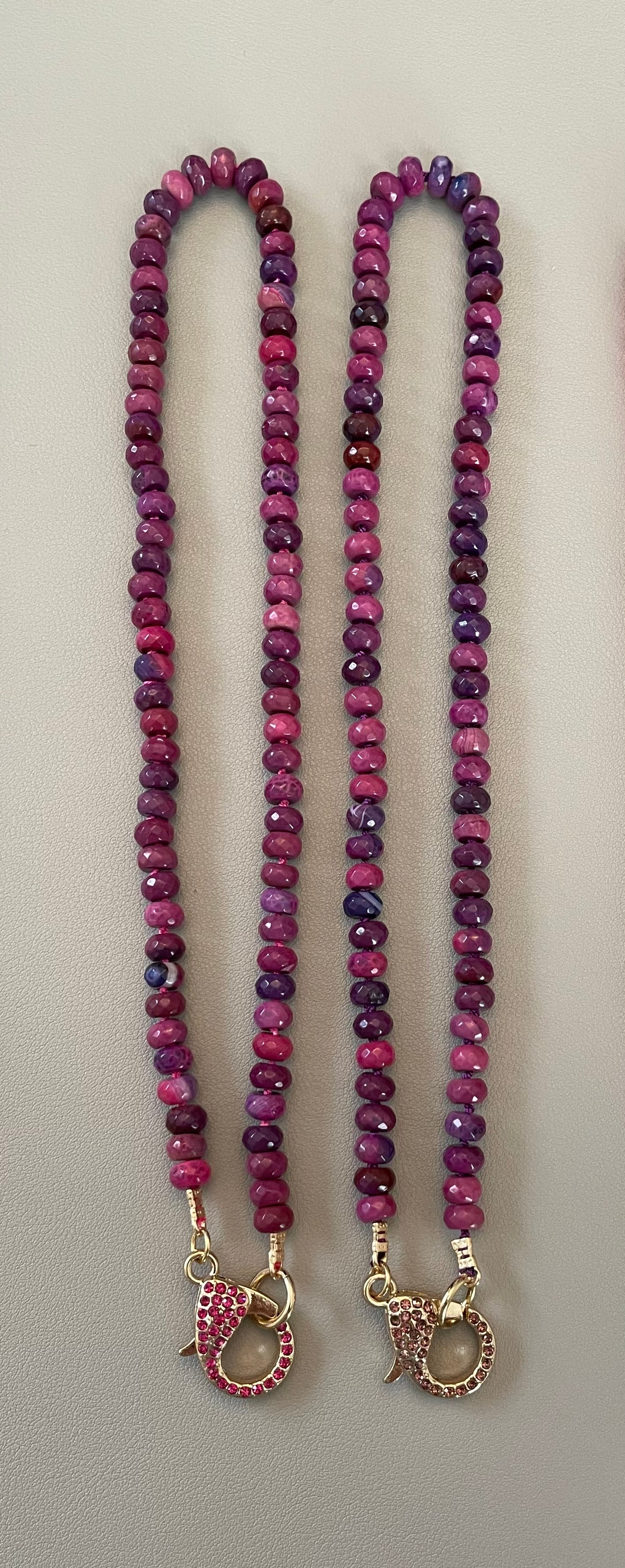 Cascadia Bloom Necklace: 2 Options- Dyed Agate faceted beads Hand knotted on silk, one w/ hot pink silk and hot pink pavé clasp and the other on purple silk w/ purple pavé clasp