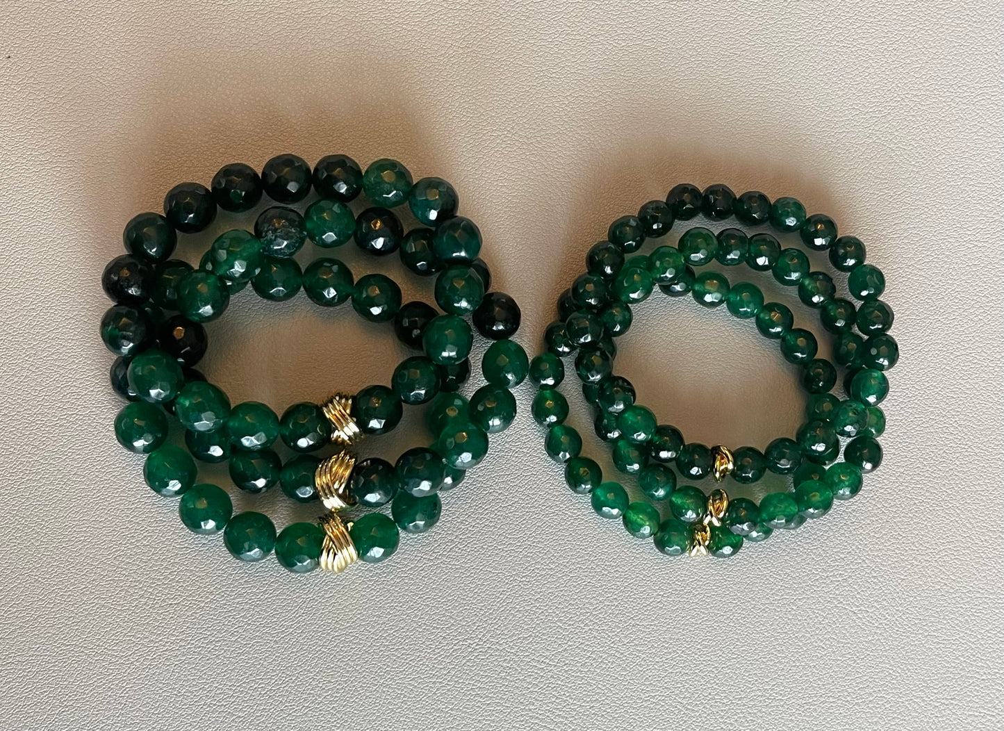 Evergreen Dream Bracelets: 2 Styles Deep green Dyed Quartz faceted beads w/ gold accent bead 8mm Size or 10mm Size
