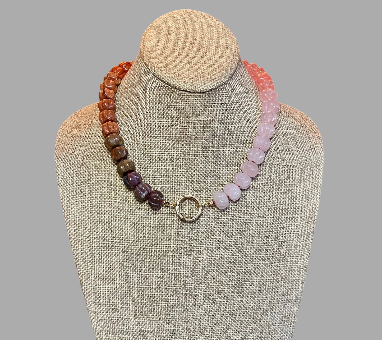 Ombré Roses Necklace OOAK: A stunning mix of hand-carved Gemstones, hand-knotted on pink silk