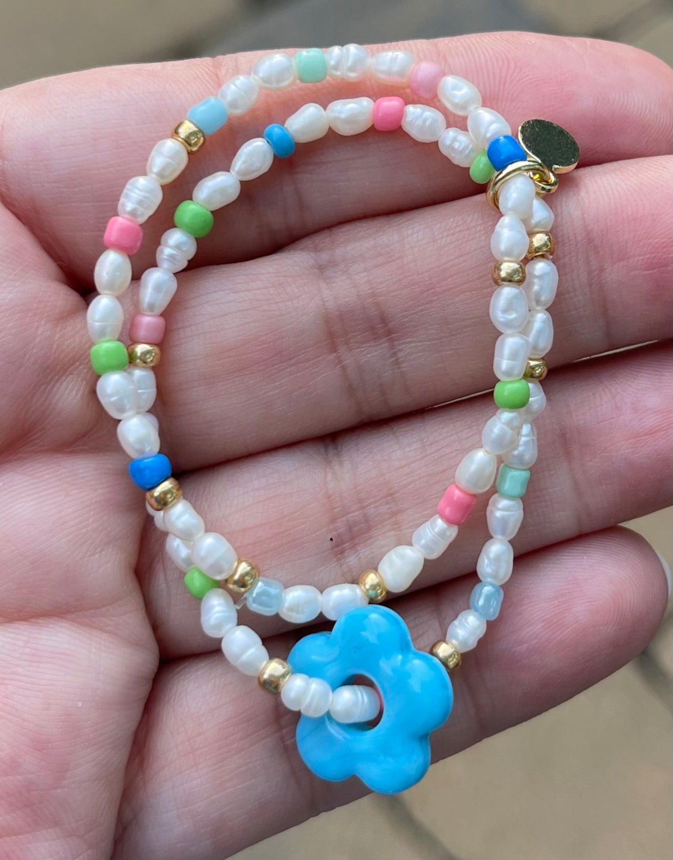 Candy Petals Bracelet Duo: Freshwater Pearls with candy colored accents 2 Stretch Bracelets Choose pink green or blue flower