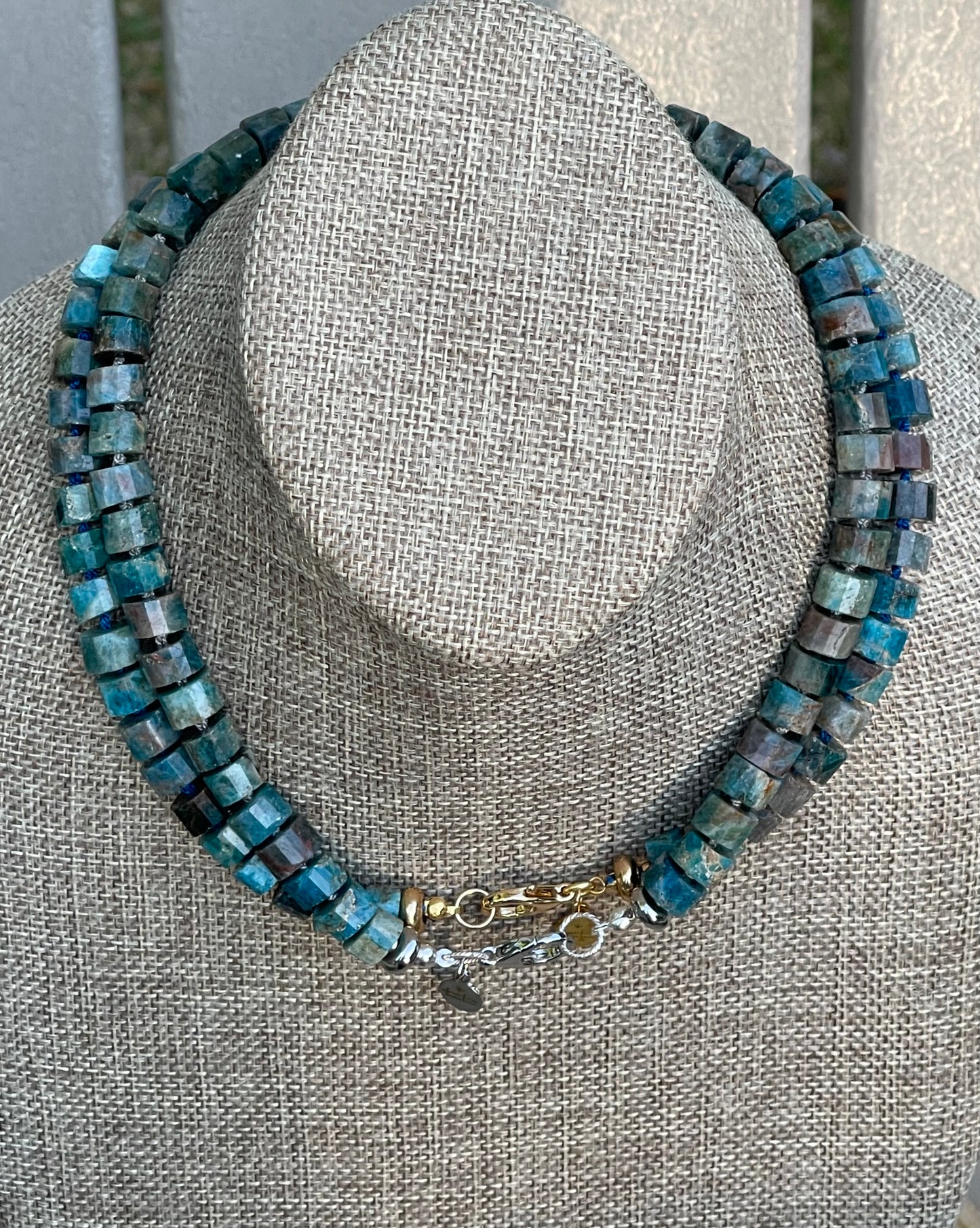 Awaken Necklace: Faceted Apatite wheel shaped beads Handknotted on silk Gold or Silver option