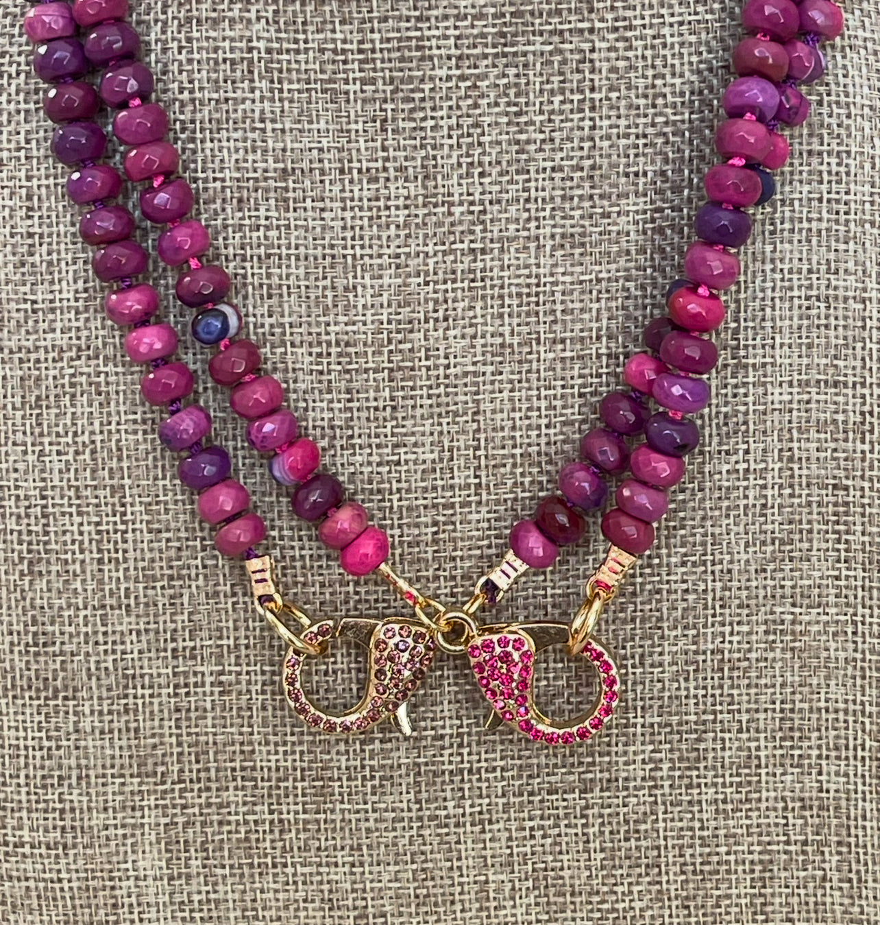 Cascadia Bloom Necklace: 2 Options- Dyed Agate faceted beads Hand knotted on silk, one w/ hot pink silk and hot pink pavé clasp and the other on purple silk w/ purple pavé clasp