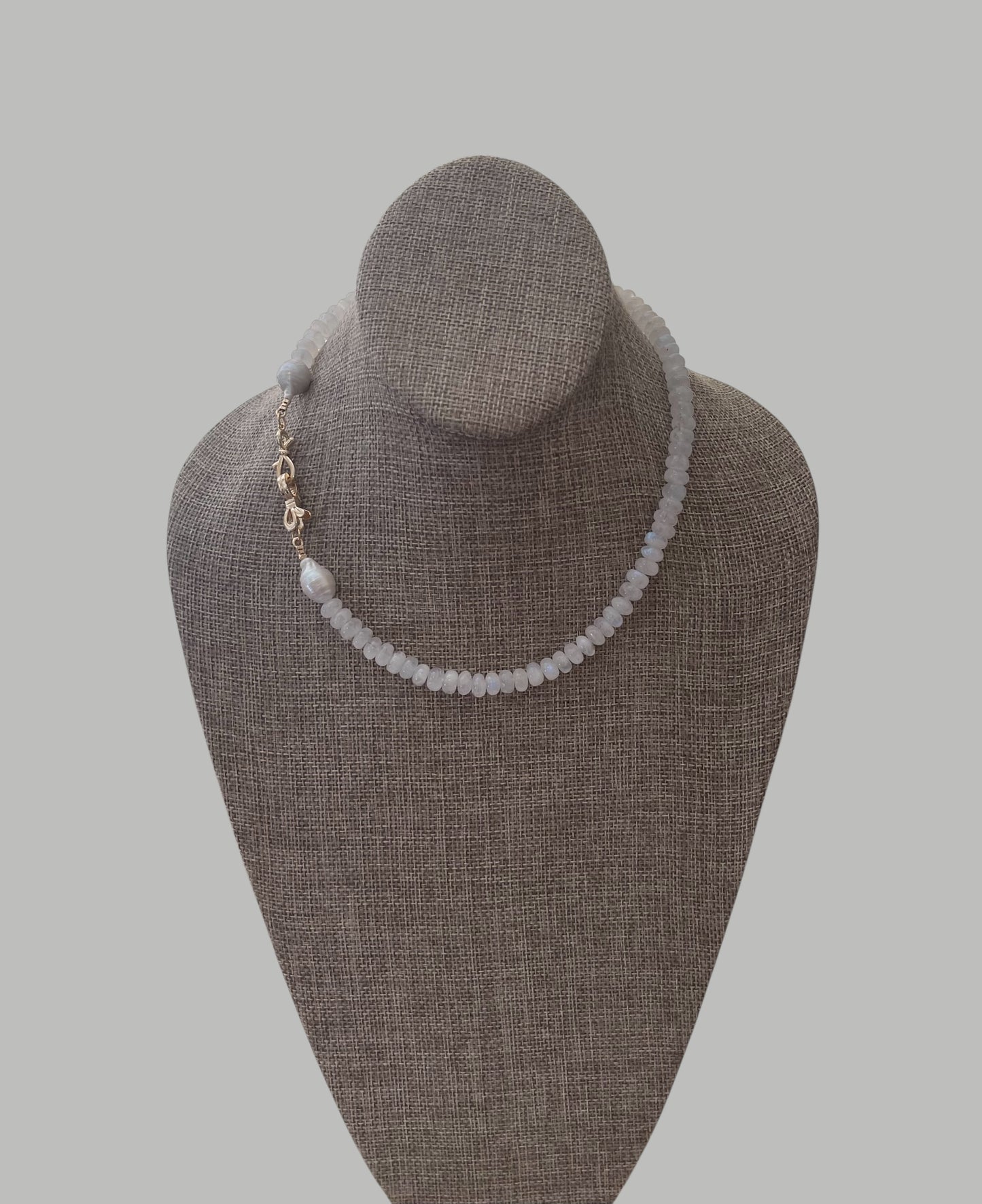 Bijou de Lune Necklace: High quality Moonstone beads, Baroque Pearls and a double bow gold clasp Wear 3 different ways OOAK