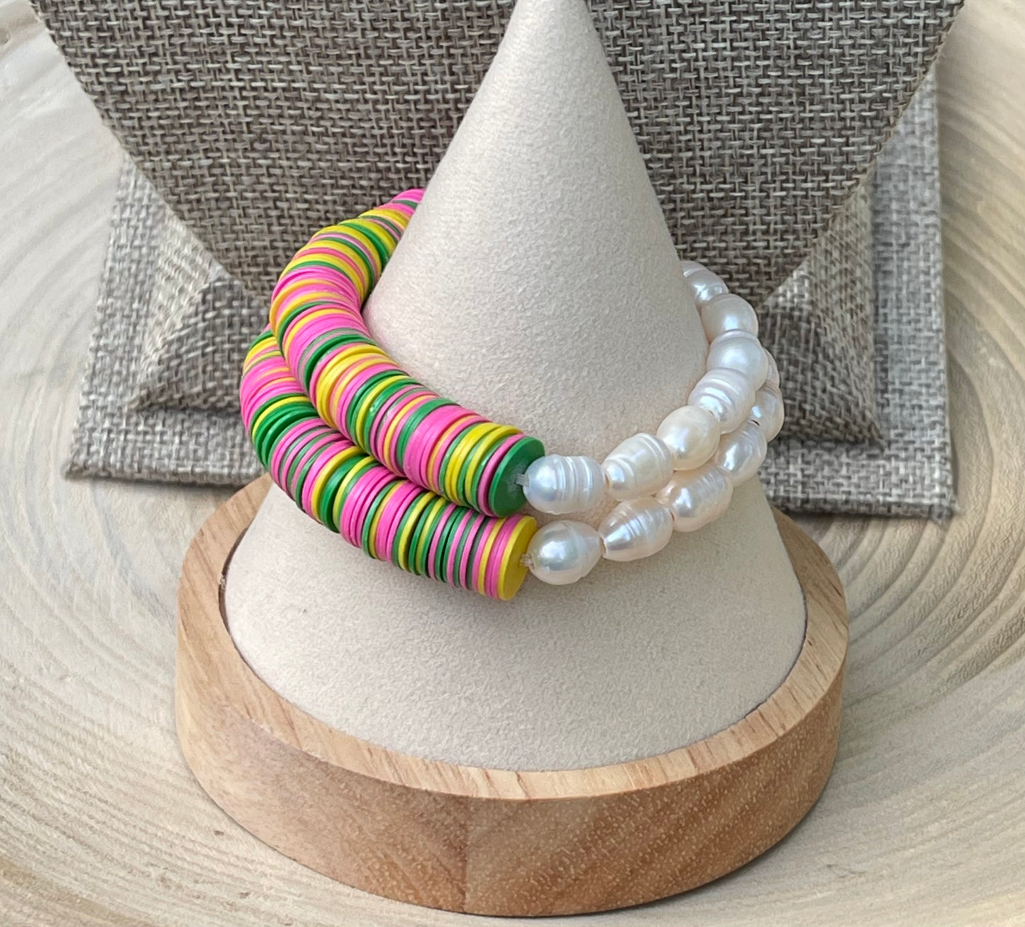 Double Take Bracelet: Freshwater Pearls Meet Fun Bright Phono Vinyl Beads Stretch Bracelet