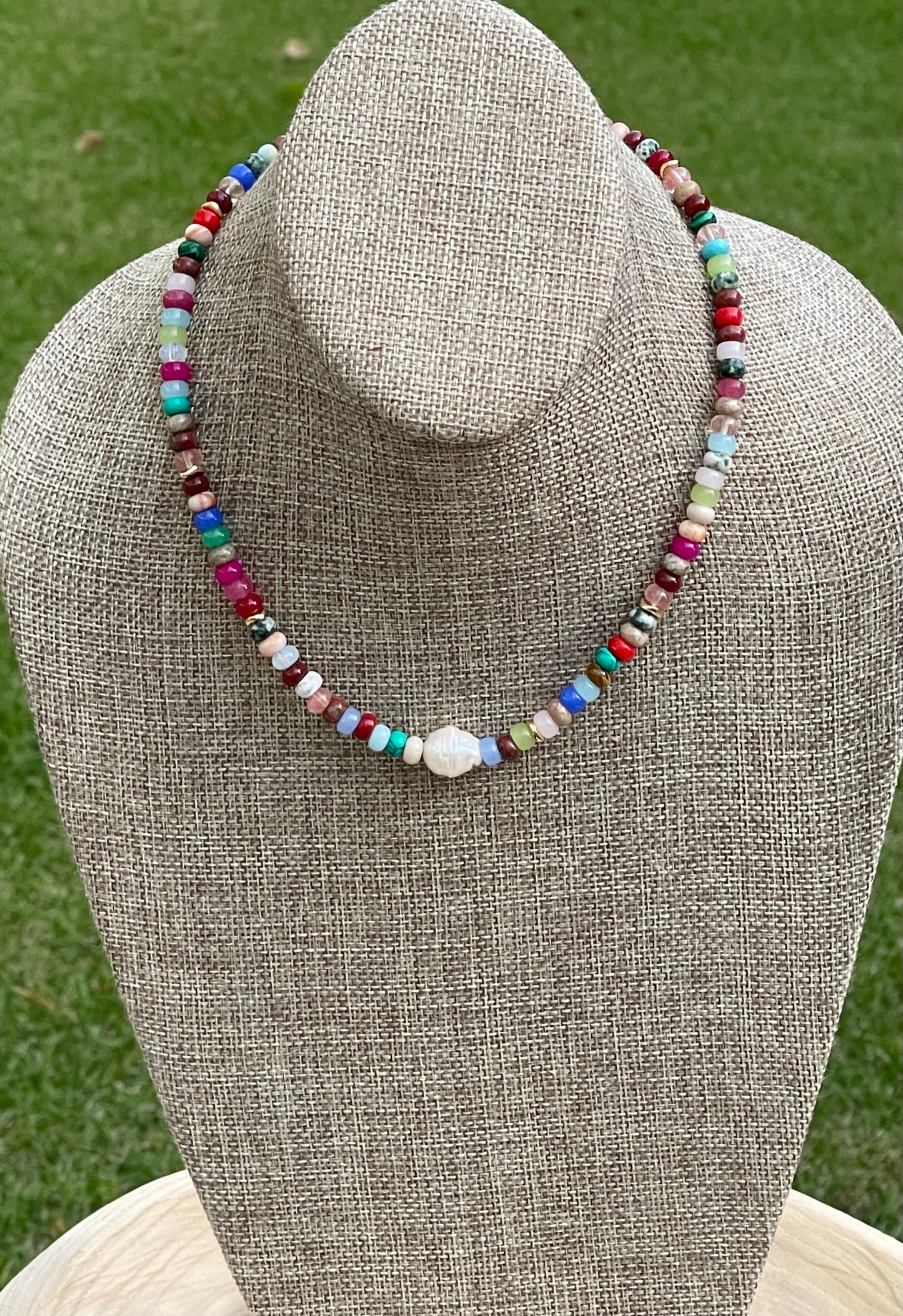 Joie Necklace: Colorful Mix of Natural Gemstones Gold Accent Beads and a Freshwater Baroque Pearl 2 Bead Size Options 6mm or 8mm