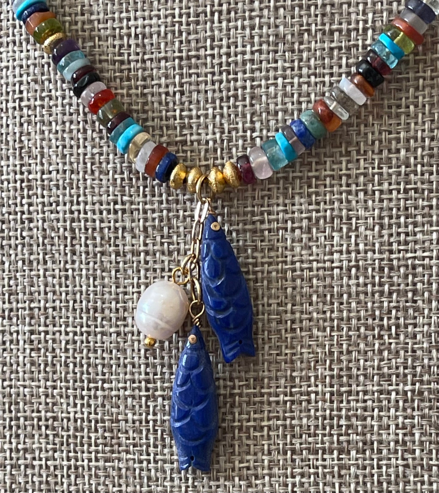 Catch O’ the Day Necklace: Mixed Multi Gemstones w Lapis & gold accents Lapis fish & Pearl Charms OOAK