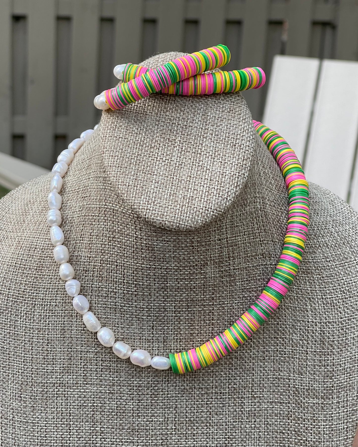 Double Take Necklace: Freshwater Pearls Meet Fun Bright Phono Vinyl Beads Gold Clasp & Extender