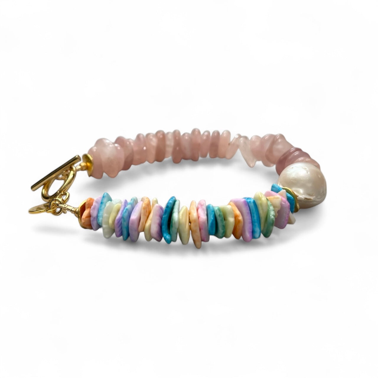 Chic Island Bracelets: Pastel dyed Puka shell, Flawless Baroque Pearl, Aquamarine OR Rose Quartz, Gold accents