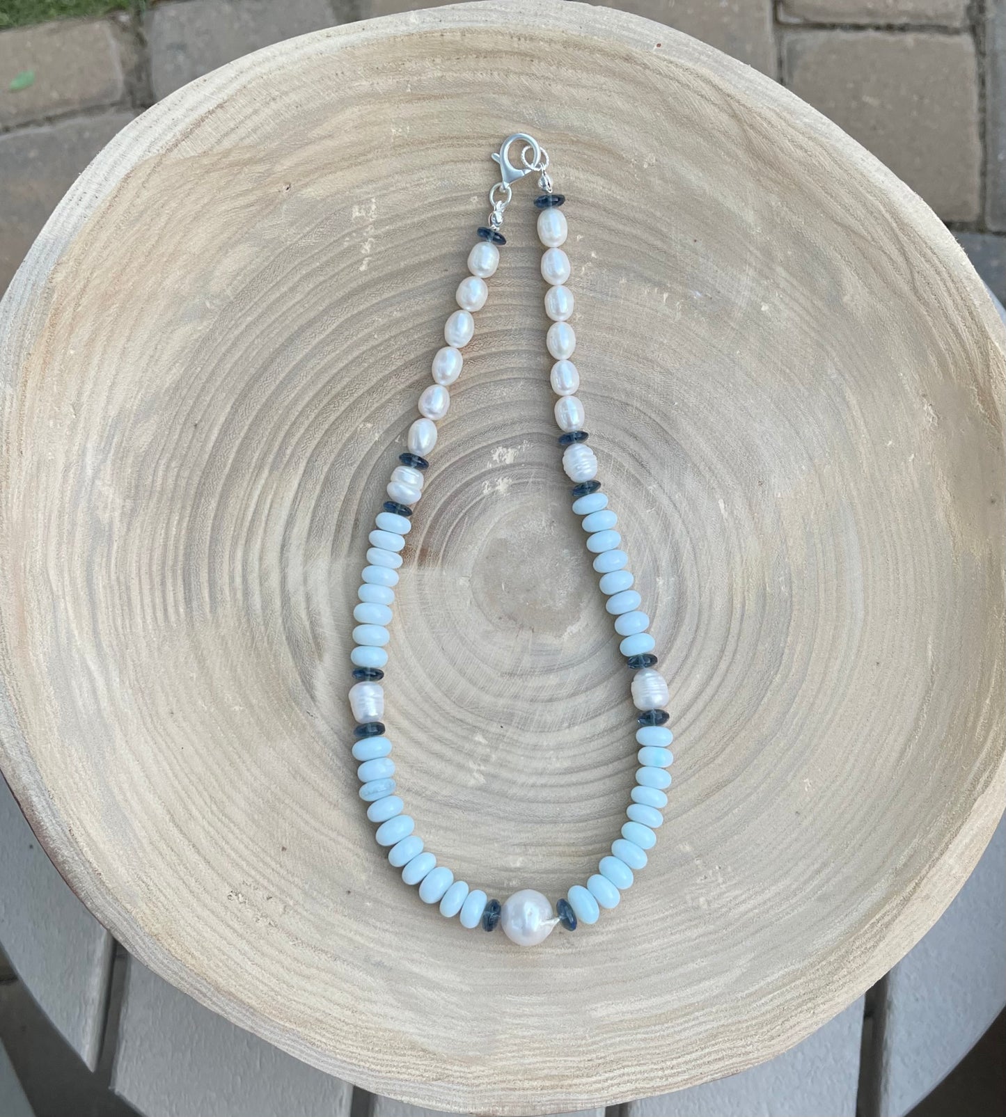 Coastal Charm Necklace OOAK: Pale blue opals AAA quality pearls London blue topaz Brushed silver clasp