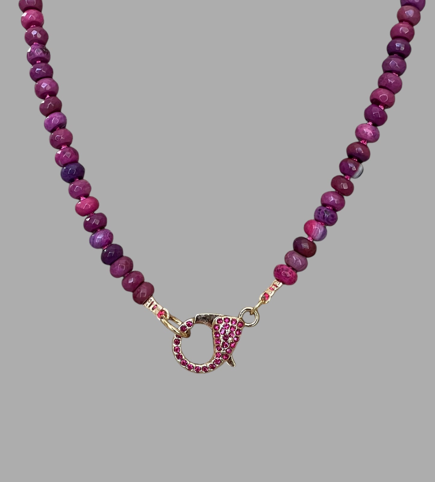 Cascadia Bloom Necklace: 2 Options- Dyed Agate faceted beads Hand knotted on silk, one w/ hot pink silk and hot pink pavé clasp and the other on purple silk w/ purple pavé clasp