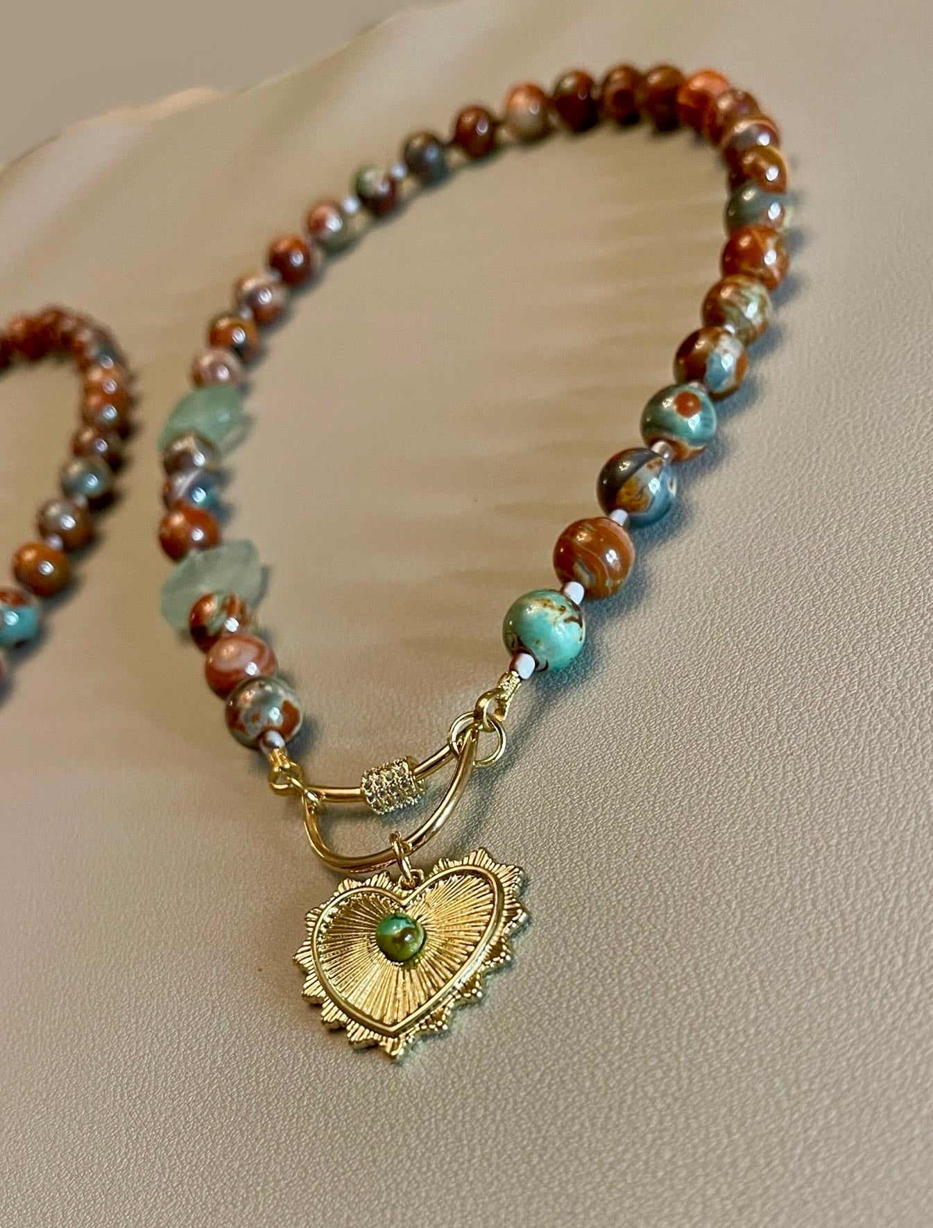 Heirloom Heart Necklace: Red Copper & Sage Agate beads with Green accent stones and a heart pendant